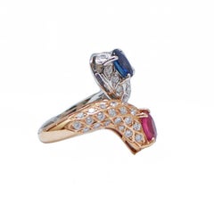 Ruby, Sapphire, Diamonds, 14 Karat Rose Gold and White Gold Snake Ring.