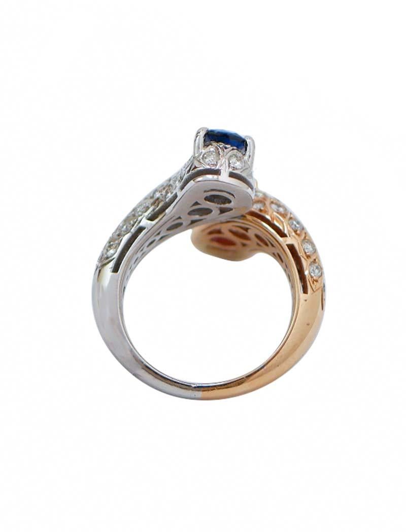 Retro Ruby, Sapphire, Diamonds, 14 Karat Rose Gold and White Gold Snake Ring.