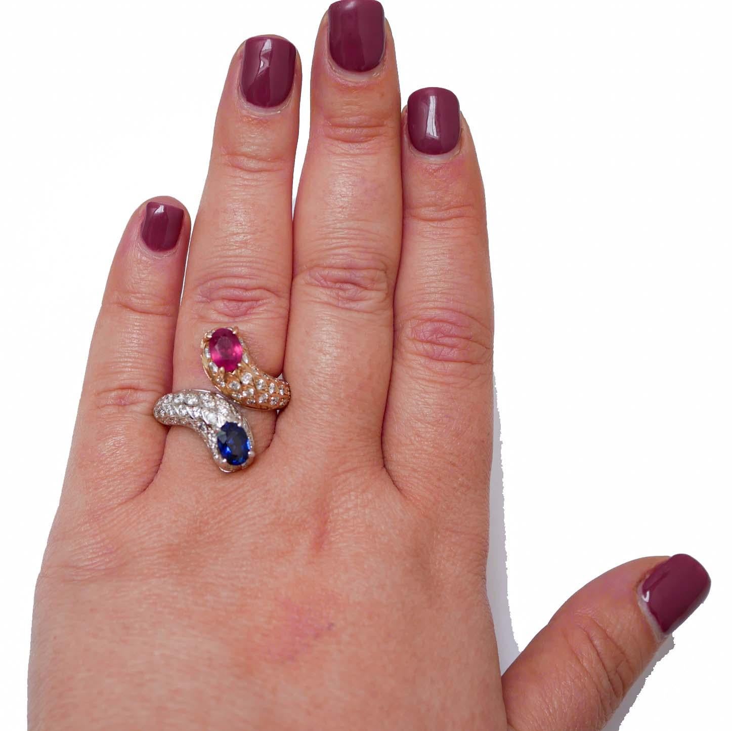 Mixed Cut Ruby, Sapphire, Diamonds, 14 Karat Rose Gold and White Gold Snake Ring.