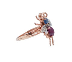 Bague « Fly » en rubis, saphir, diamants, or rose et argent.