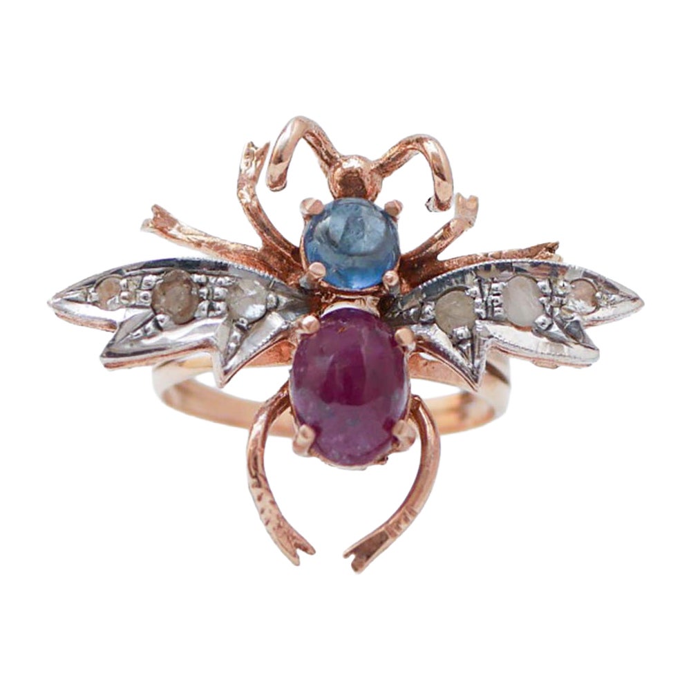 Ring mit Rubin, Saphir, Diamanten, Roségold und Silber. im Angebot