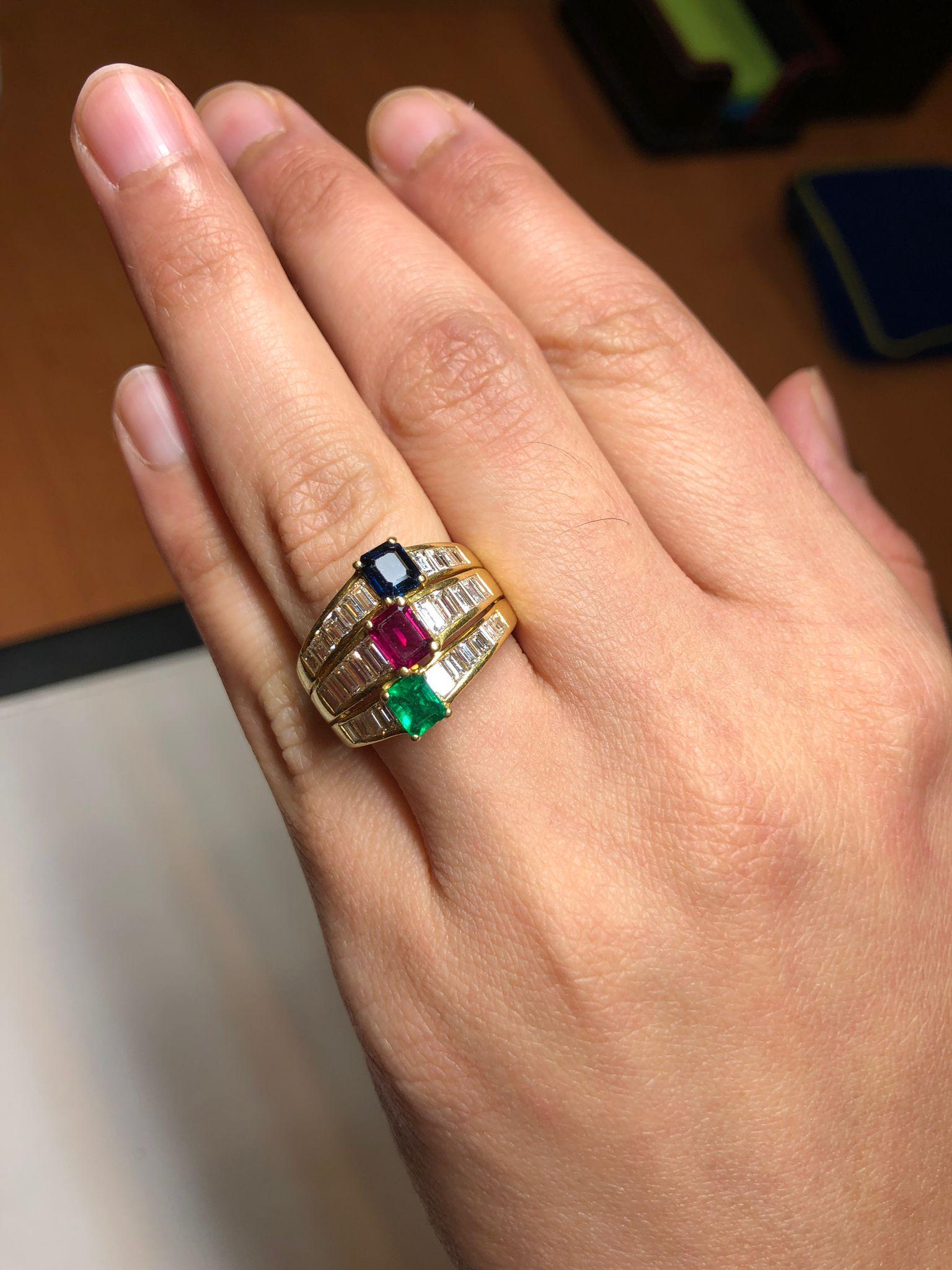 Ruby Sapphire Emerald and Diamond Band Ring by Kern For Sale 3