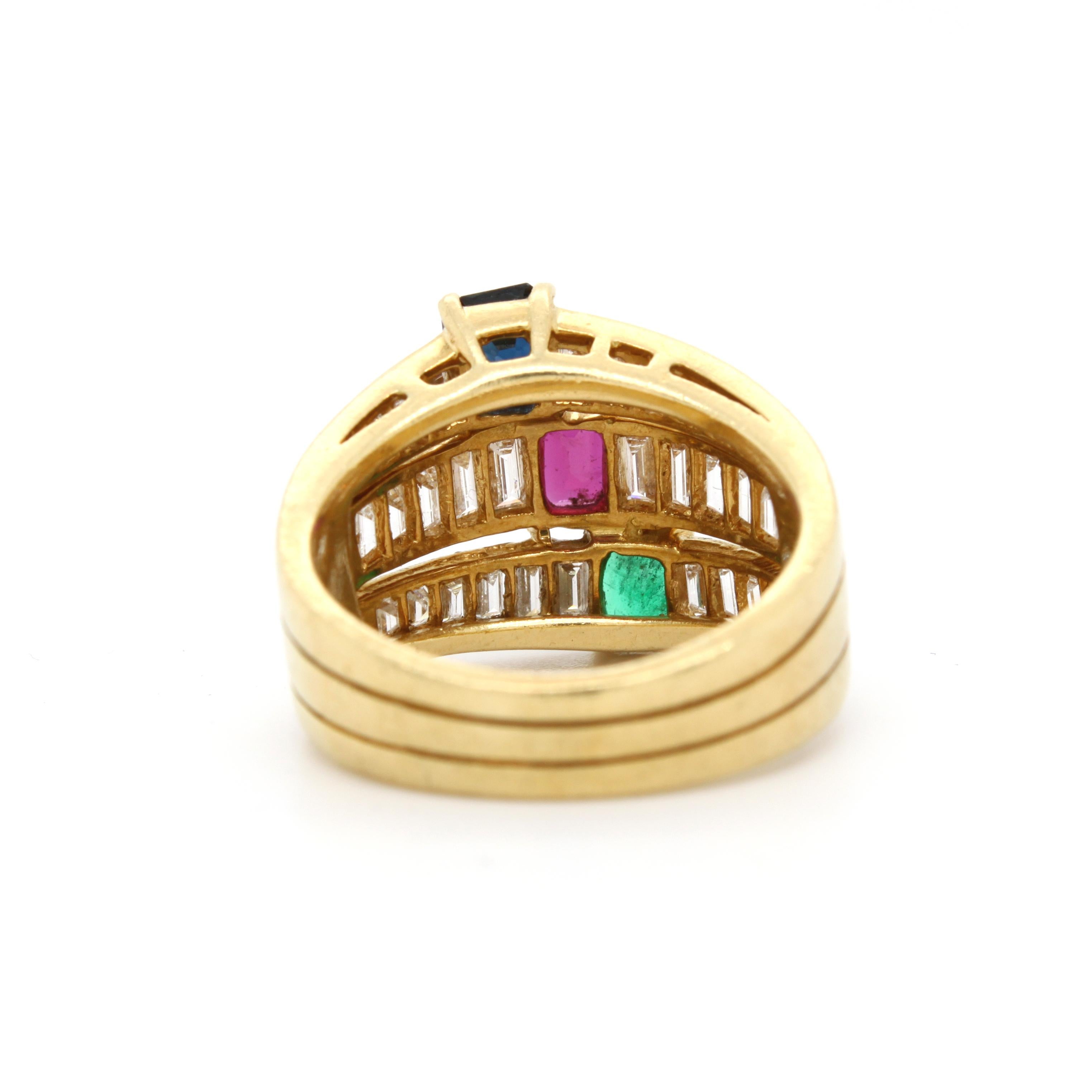 Modern Ruby Sapphire Emerald and Diamond Band Ring by Kern For Sale