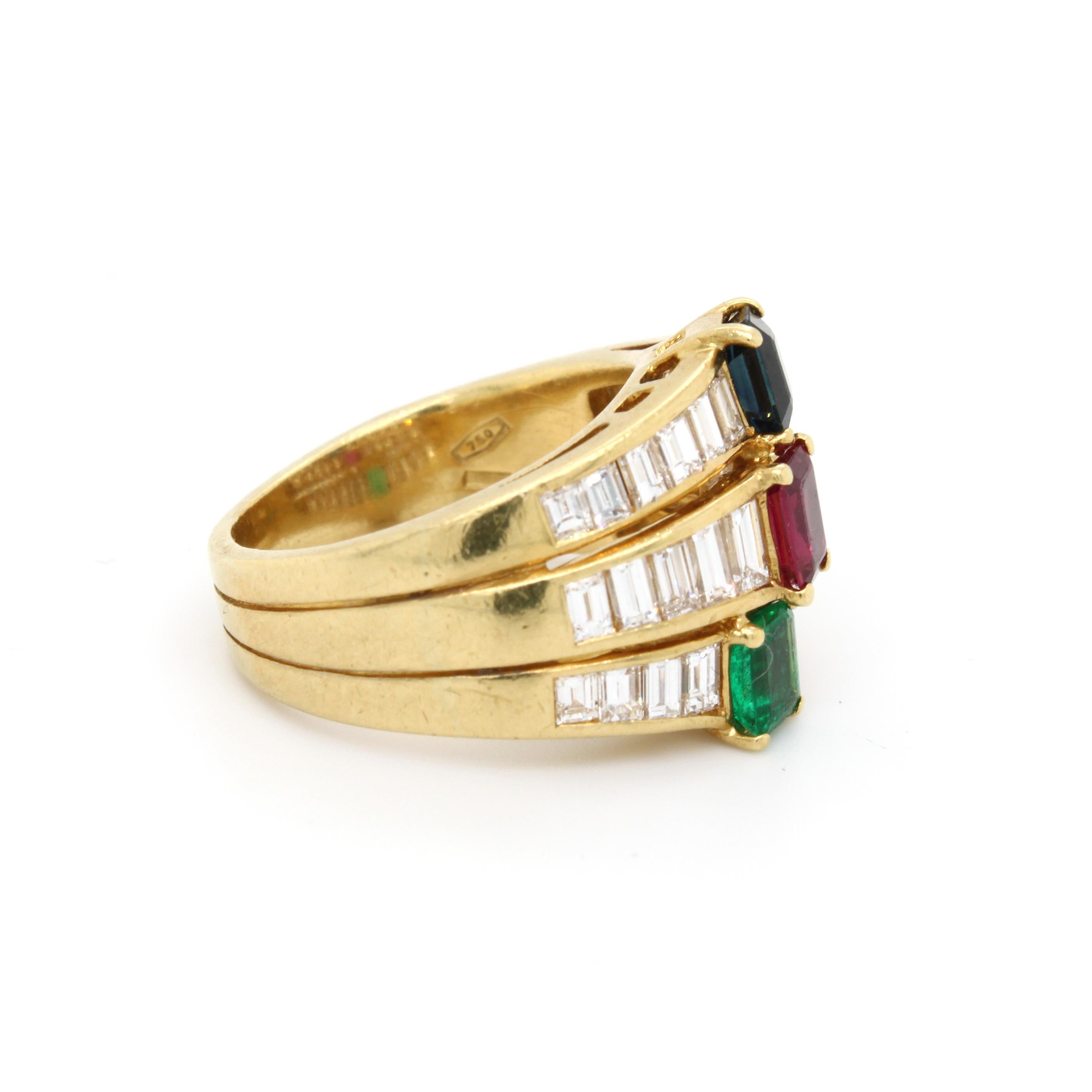 Emerald Cut Ruby Sapphire Emerald and Diamond Band Ring by Kern For Sale