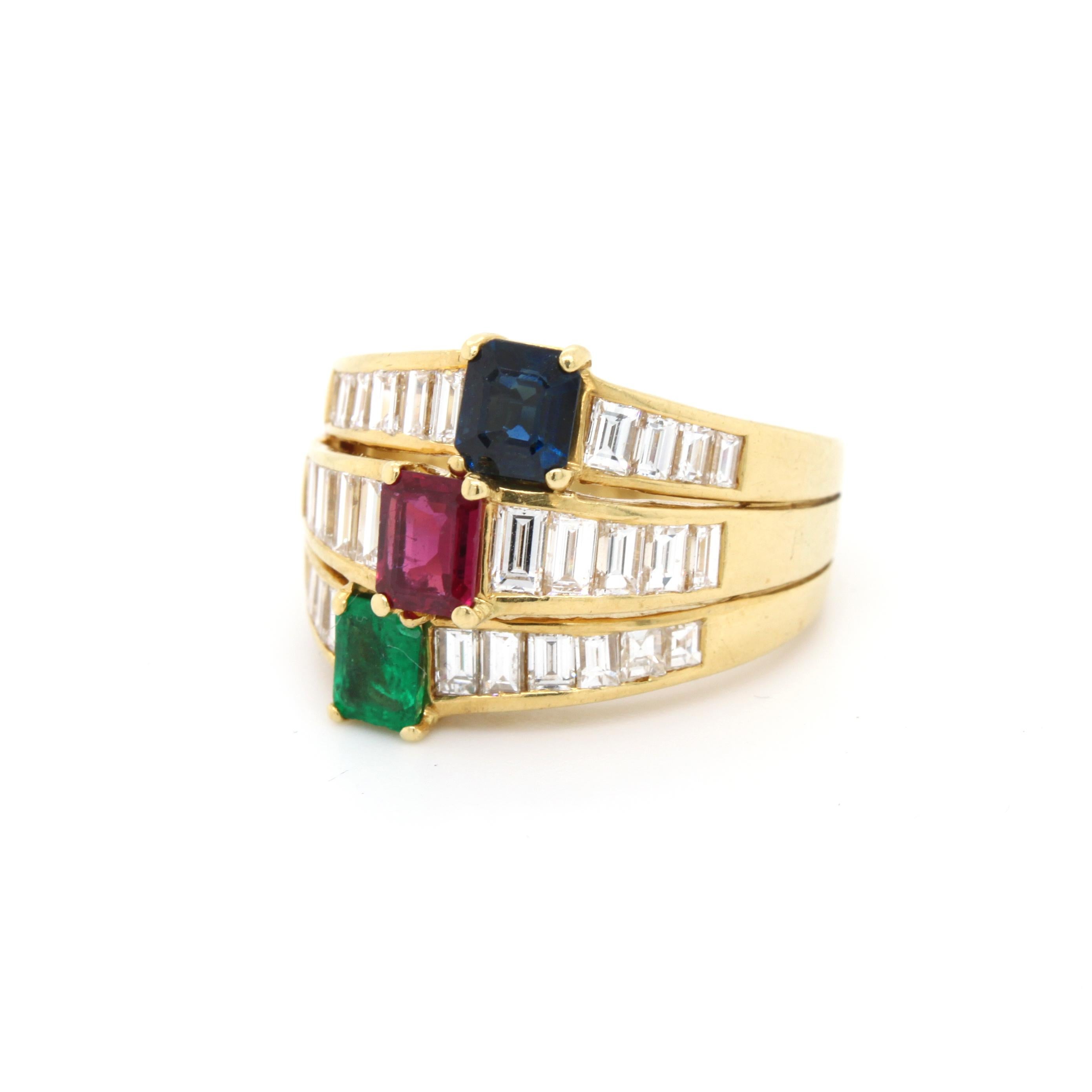 Women's or Men's Ruby Sapphire Emerald and Diamond Band Ring by Kern For Sale