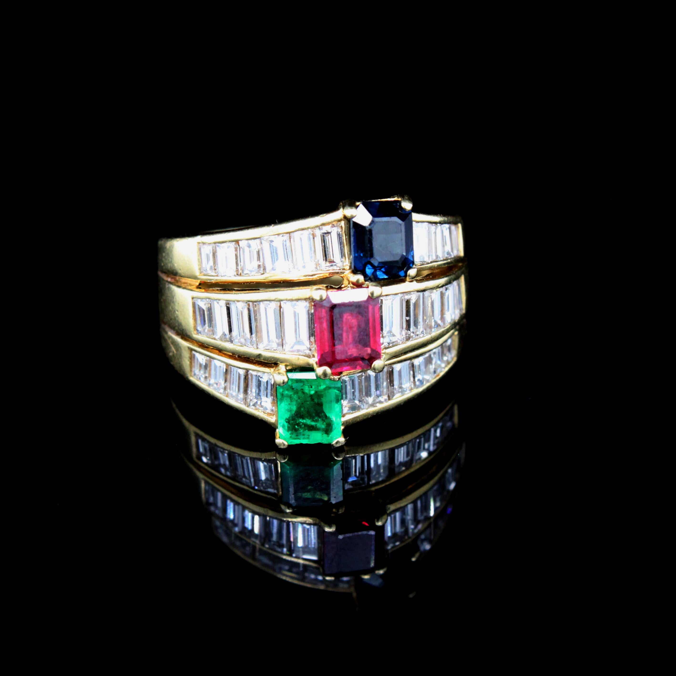 Ruby Sapphire Emerald and Diamond Band Ring by Kern For Sale 1