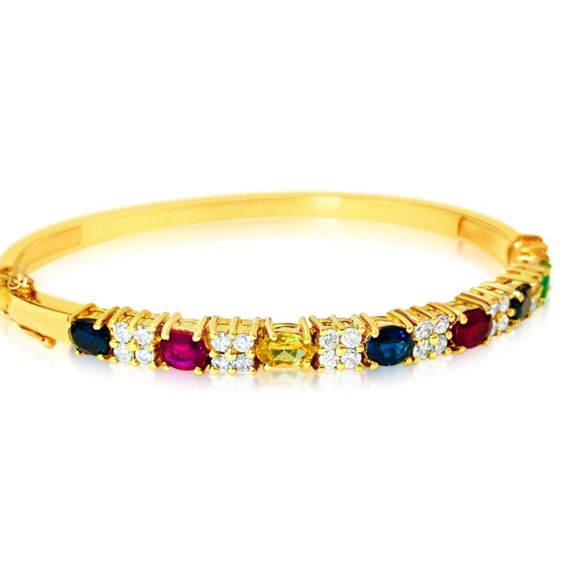Oval Cut Ruby Sapphire Emerald and Diamond Bracelet in 18 Karat Yellow Gold For Sale