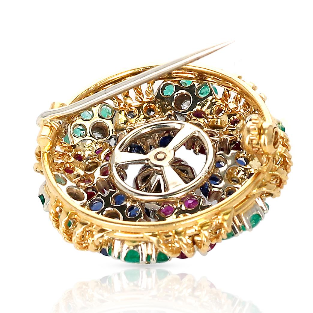 Round Cut Ruby, Sapphire, Emerald and Diamond Circular Floral Design Brooch, 18k Gold