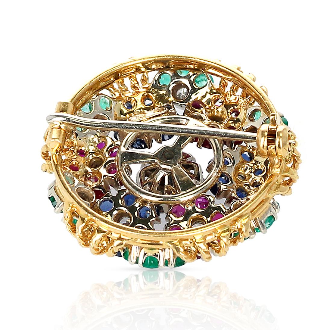Ruby, Sapphire, Emerald and Diamond Circular Floral Design Brooch, 18k Gold In Excellent Condition In New York, NY