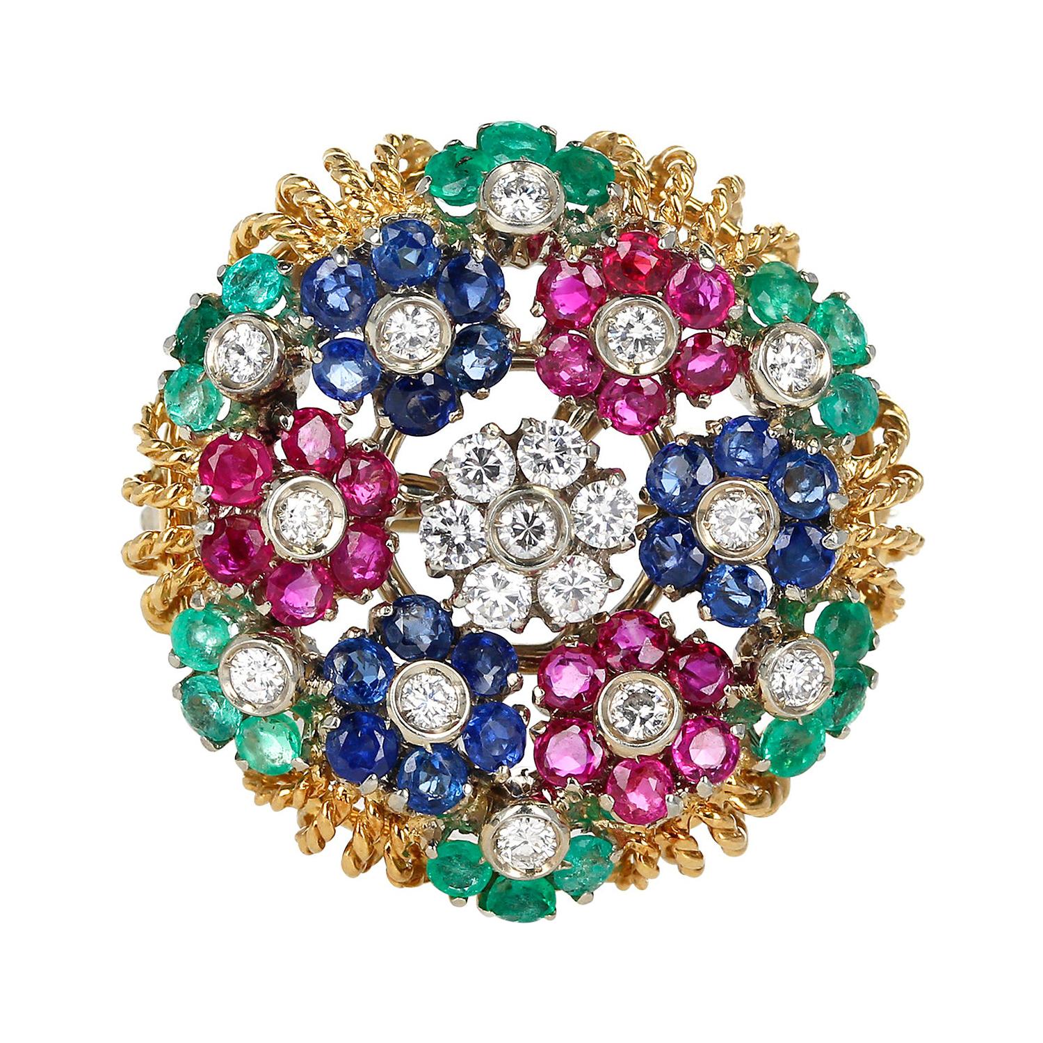 Ruby, Sapphire, Emerald and Diamond Circular Floral Design Brooch, 18k Gold