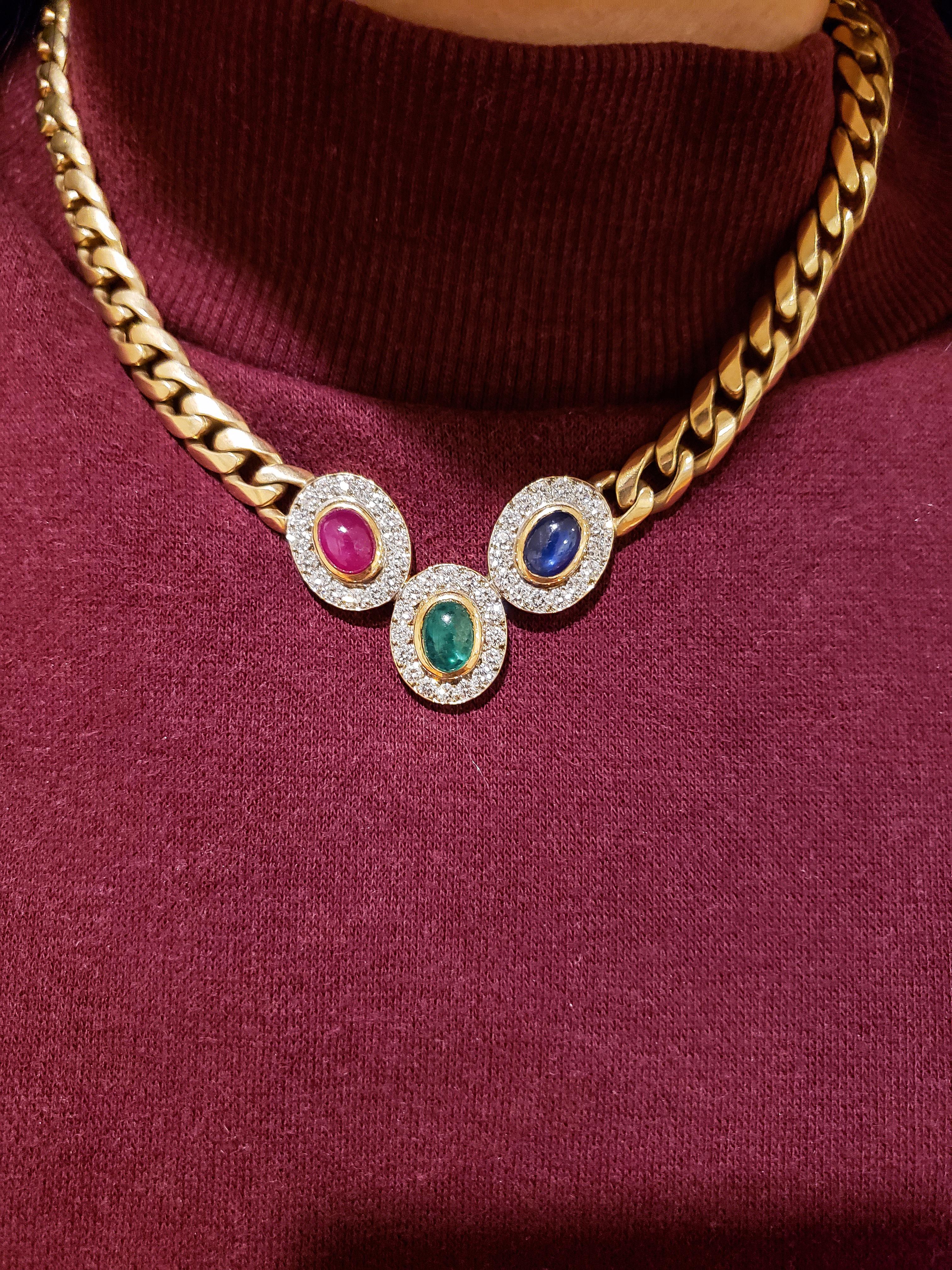 Ruby, Sapphire, Emerald and Diamond Halo Pendant Cuban Link Necklace In Good Condition For Sale In New York, NY