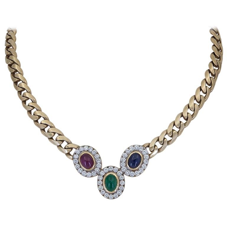 Ruby, Sapphire, Emerald and Diamond Halo Pendant Cuban Link Necklace