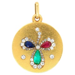 Vintage Ruby, Sapphire, Emerald and Diamond Trefoil Clover Pendant, France, ca. 1950s