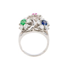 Ruby, Sapphire, Emerald, and Diamond Triple Cluster Ring