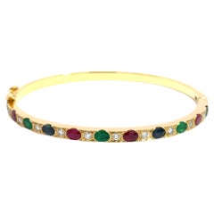 Ruby, Sapphire & Emerald Bangle in 18k Yellow Gold with Diamond Accents – 19.40g