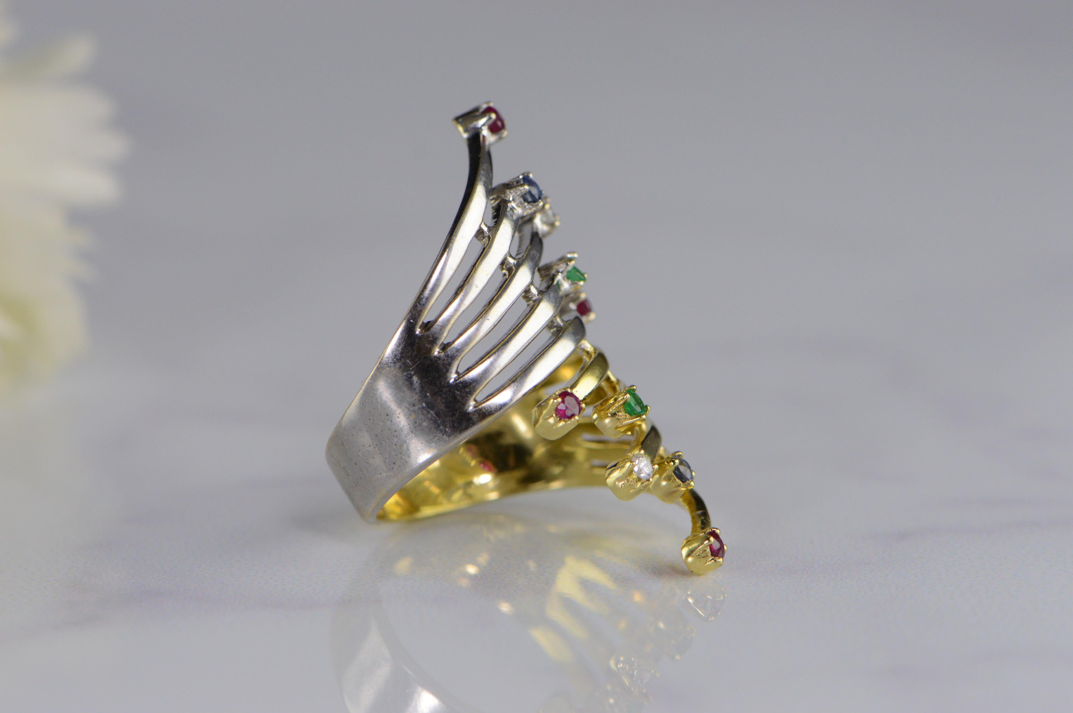 Modern Ruby Sapphire Emerald Diamond Bypass Fan Two-Tone Gold Ring For Sale