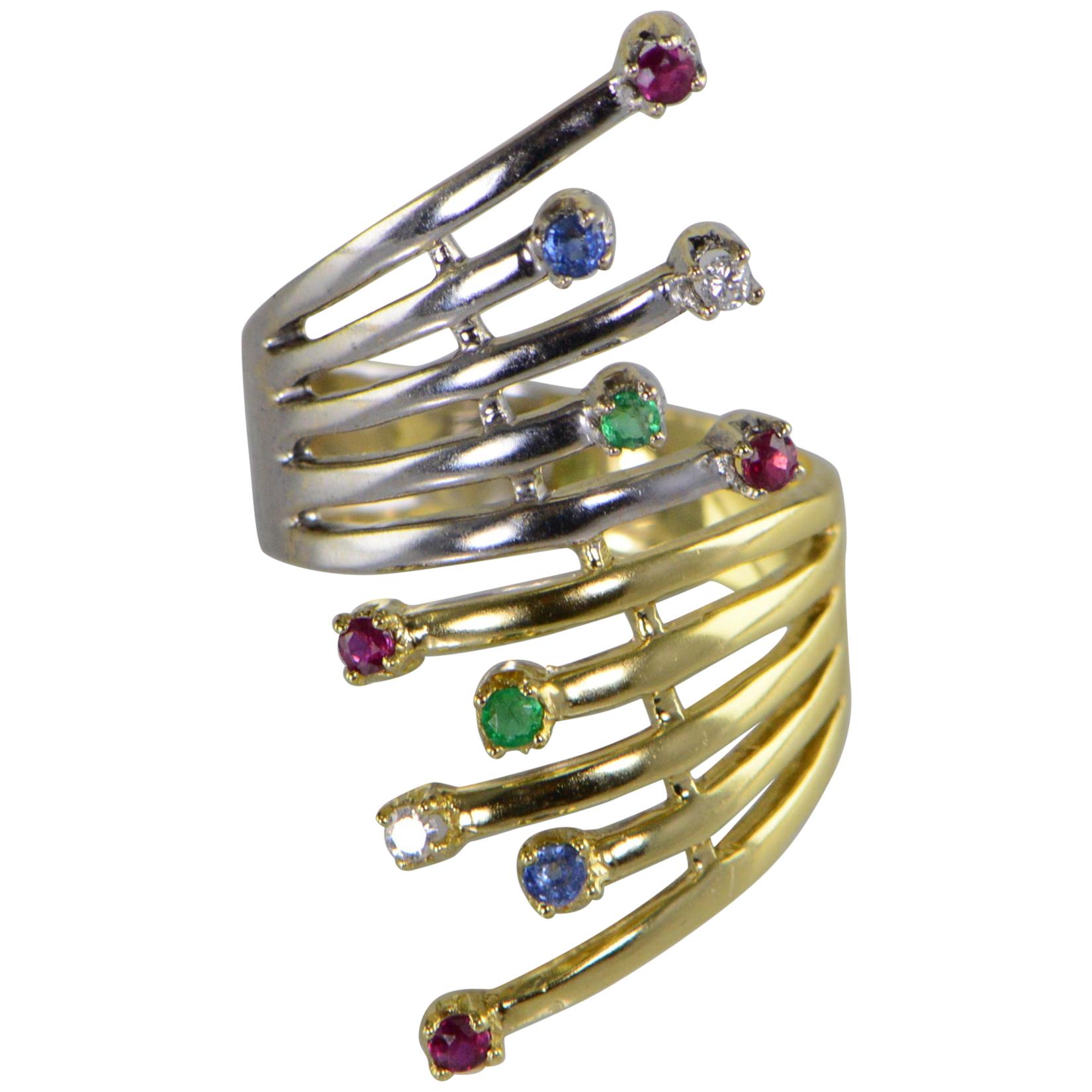 Ruby Sapphire Emerald Diamond Bypass Fan Two-Tone Gold Ring For Sale