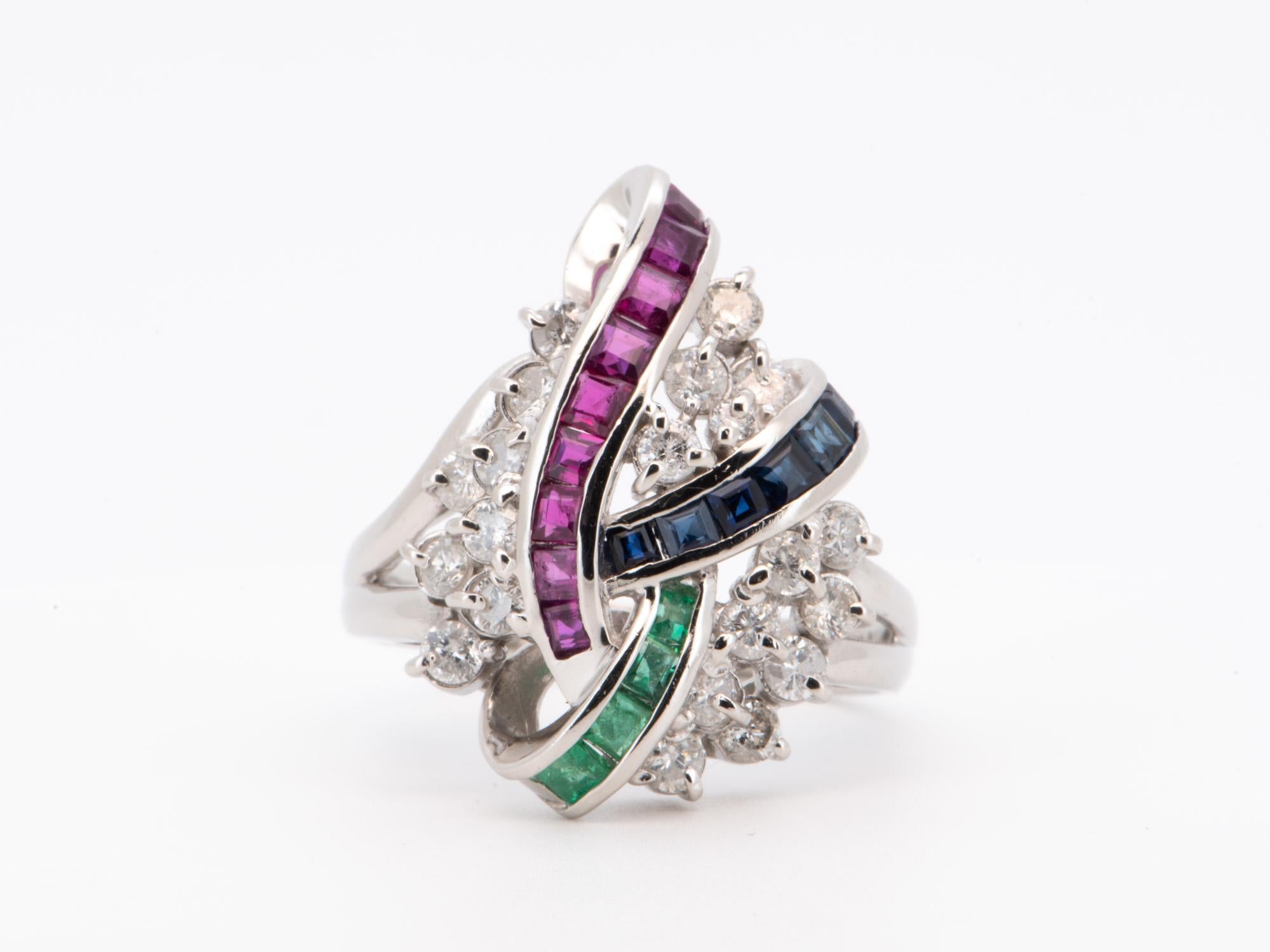 ♥ A stunning cluster design ring set with princess-cut rubies, sapphires, and emeralds (all earth-mined real gemstones), and glistening diamond rounds interspersed in between the colored stones
♥ Beautiful design and has a nice weight on the hand!
♥
