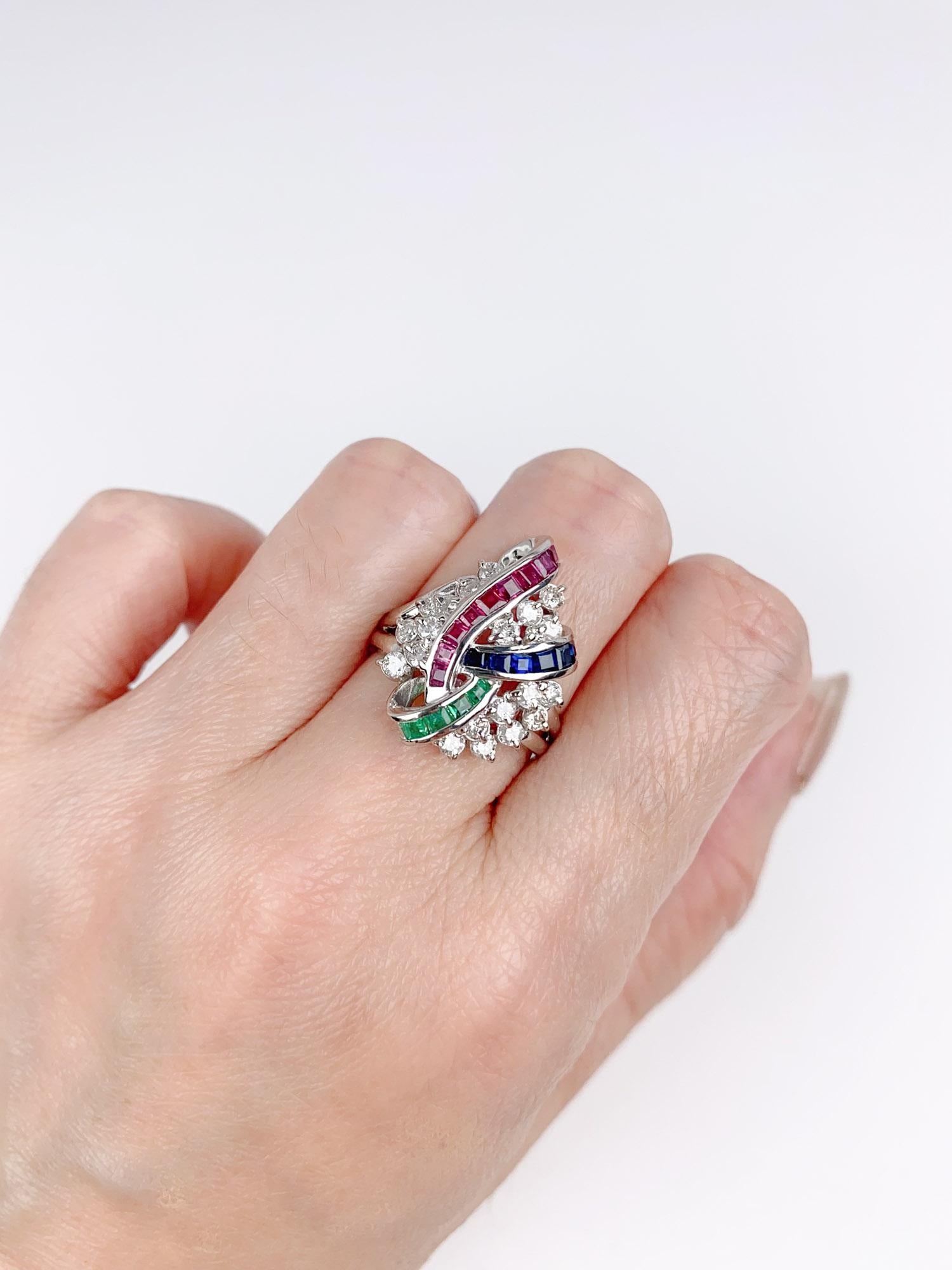 Ruby Sapphire Emerald & Diamond Cluster Ring Platinum PT900 R6720 For Sale 1