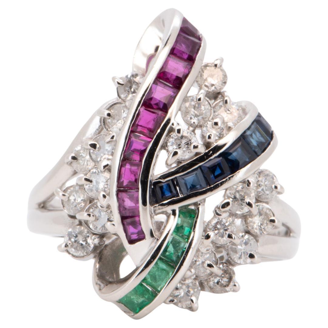 Cluster-Ring aus Platin mit Rubin, Saphir, Smaragd und Diamant PT900 R6720 im Angebot