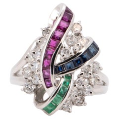 Ruby Sapphire Emerald & Diamond Cluster Ring Platinum PT900 R6720