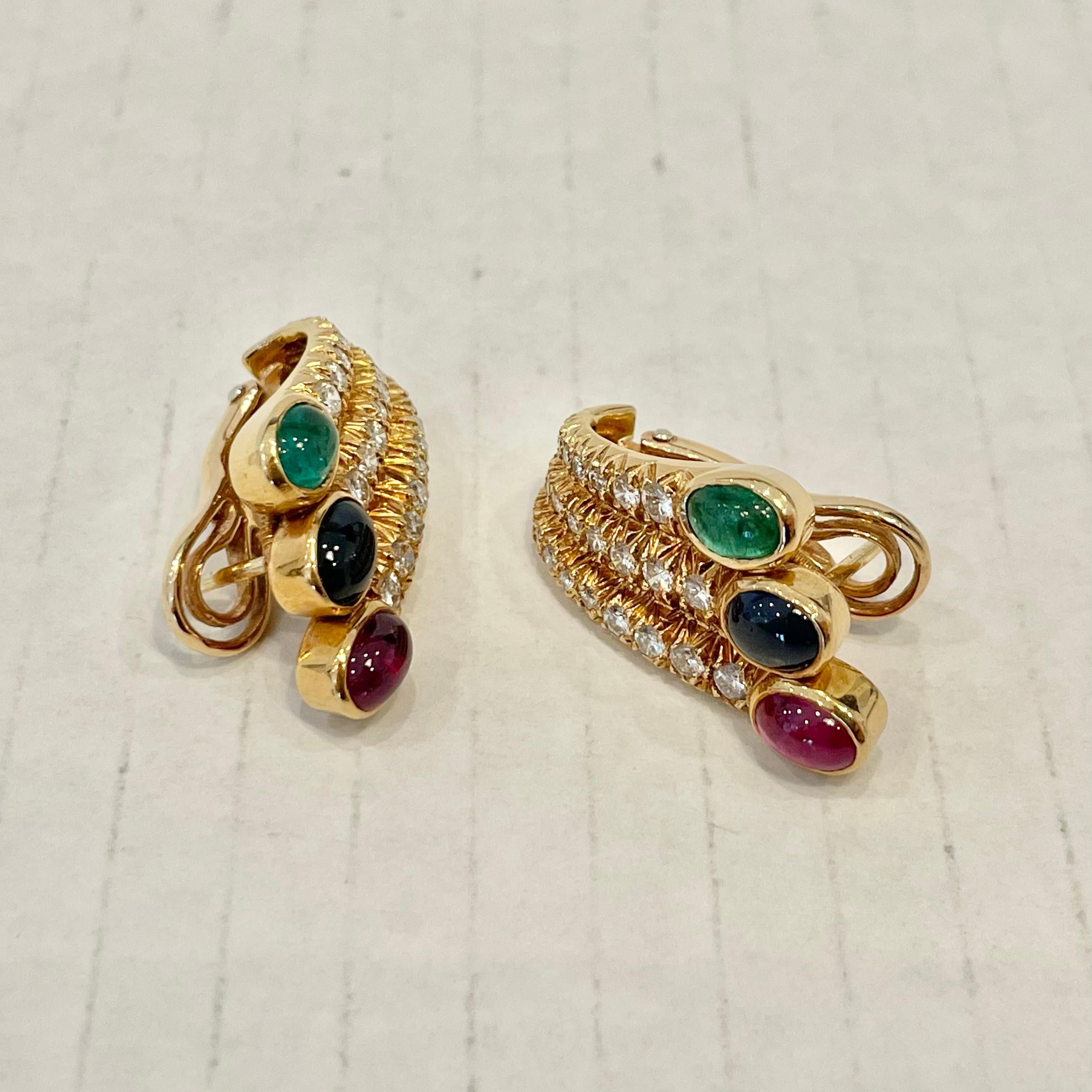 Ruby, Sapphire, Emerald & Diamond Earrings in 18 Karat Yellow Gold For Sale 5