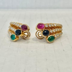 Ruby, Sapphire, Emerald & Diamond Earrings in 18 Karat Yellow Gold