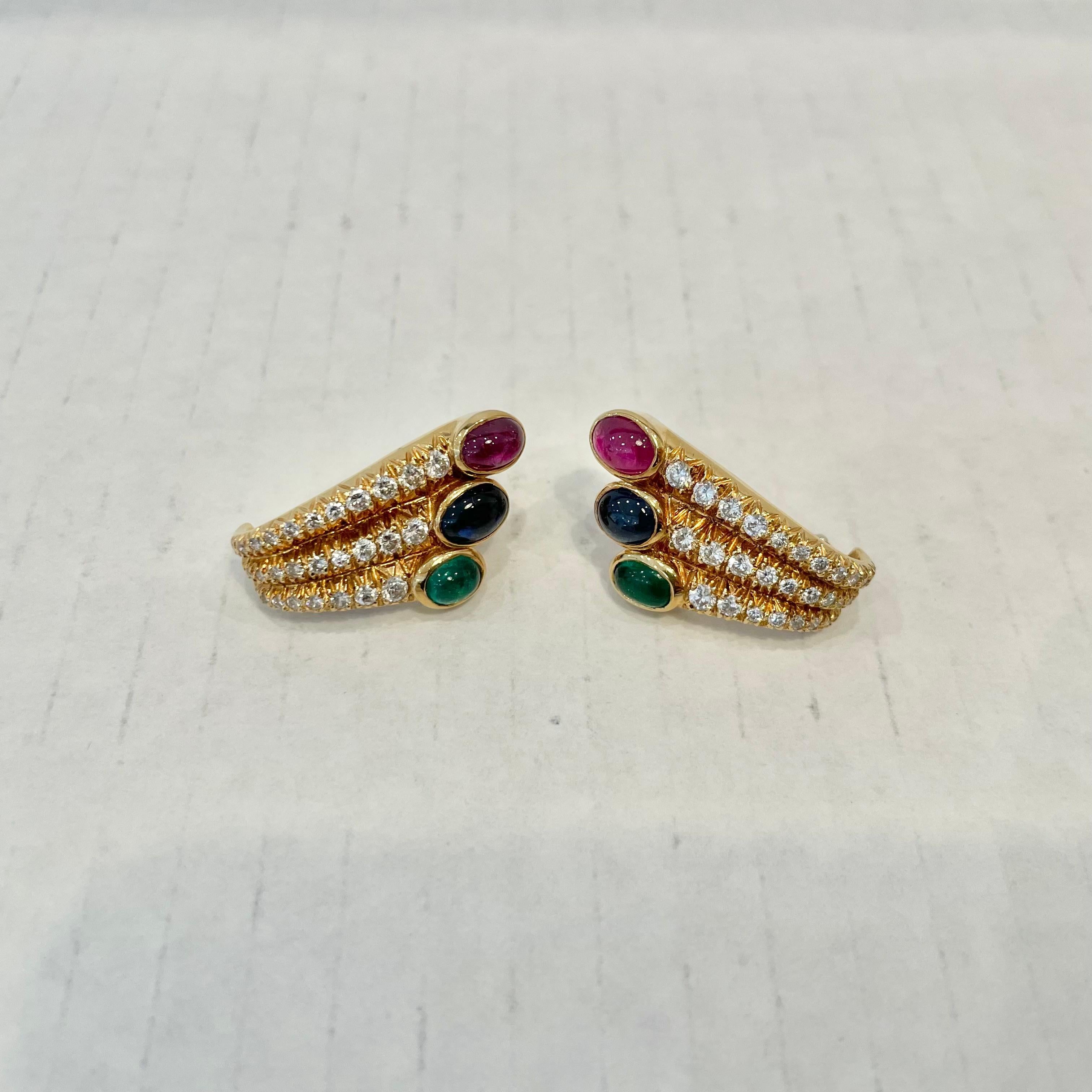 Cabochon Ruby, Sapphire, Emerald & Diamond Earrings in 18 Karat Yellow Gold For Sale