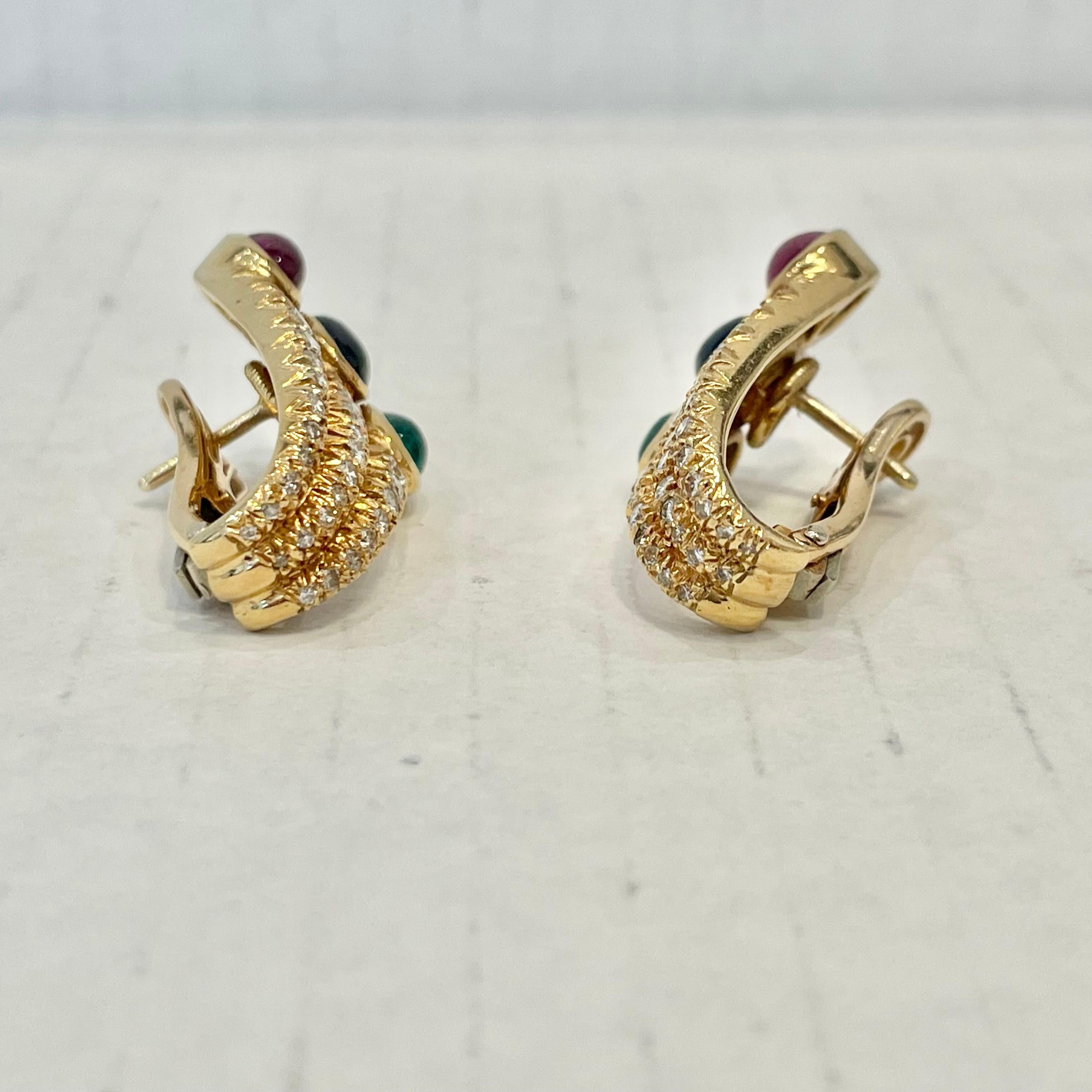 Women's Ruby, Sapphire, Emerald & Diamond Earrings in 18 Karat Yellow Gold For Sale