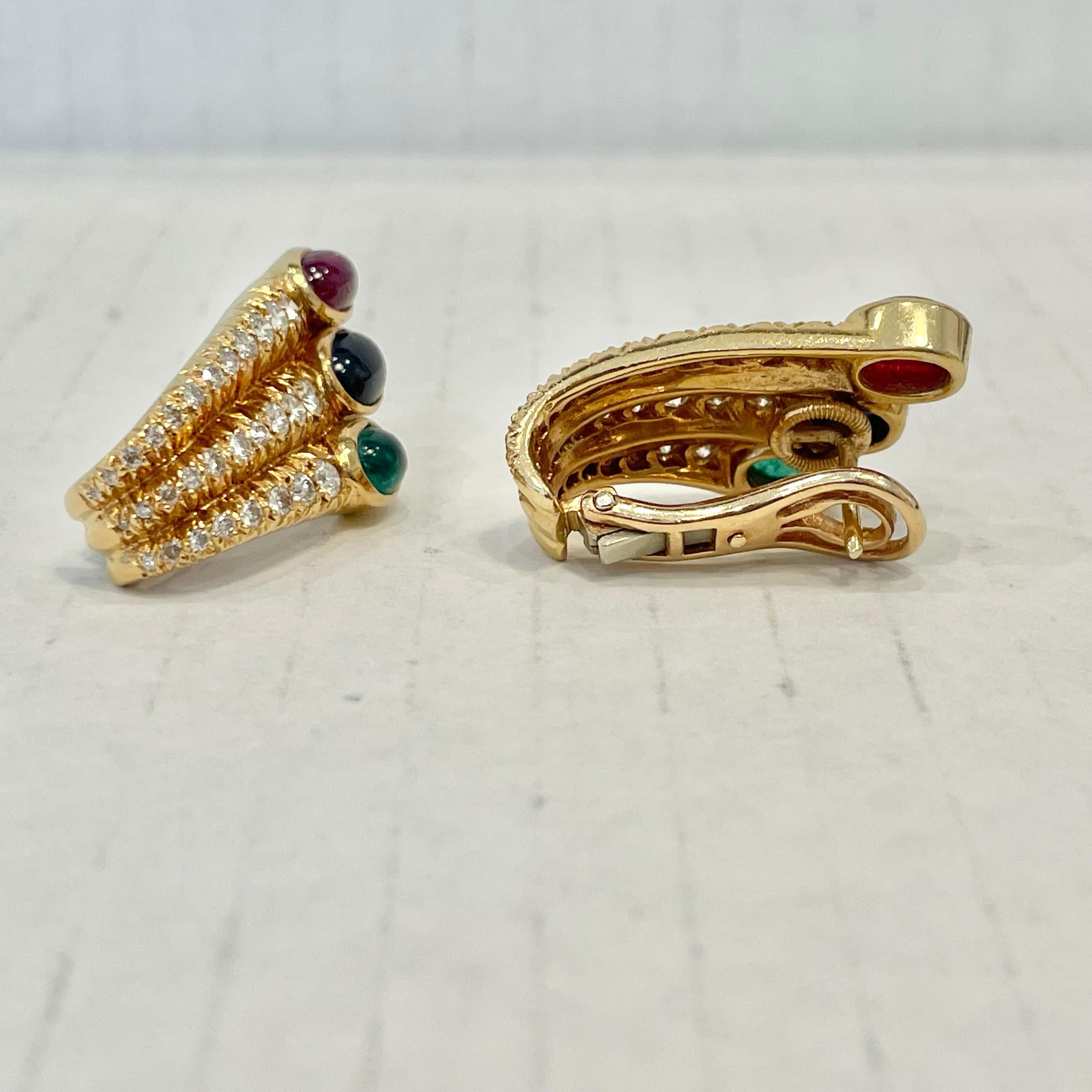 Ruby, Sapphire, Emerald & Diamond Earrings in 18 Karat Yellow Gold For Sale 1