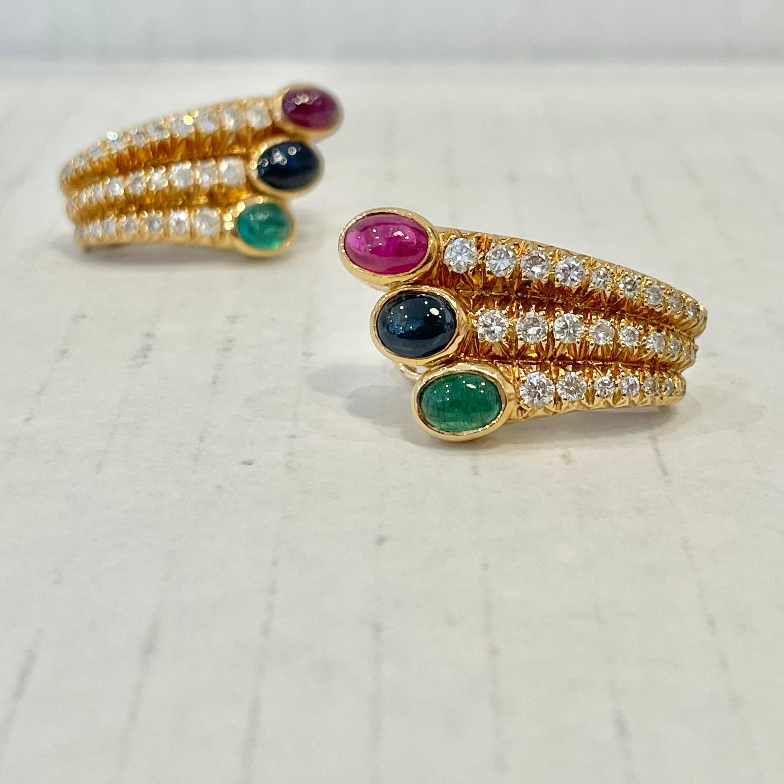 Ruby, Sapphire, Emerald & Diamond Earrings in 18 Karat Yellow Gold For Sale 2