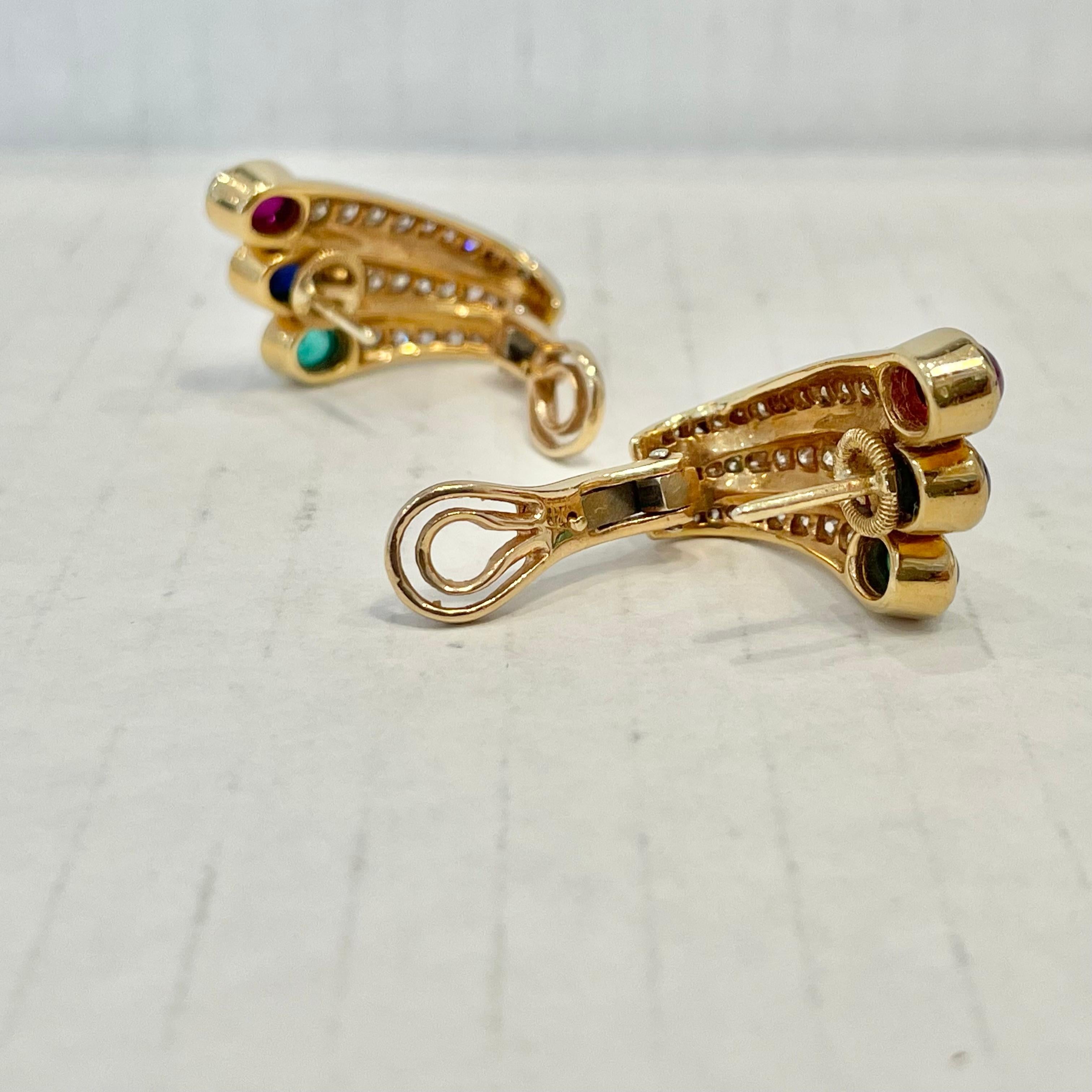 Ruby, Sapphire, Emerald & Diamond Earrings in 18 Karat Yellow Gold For Sale 3