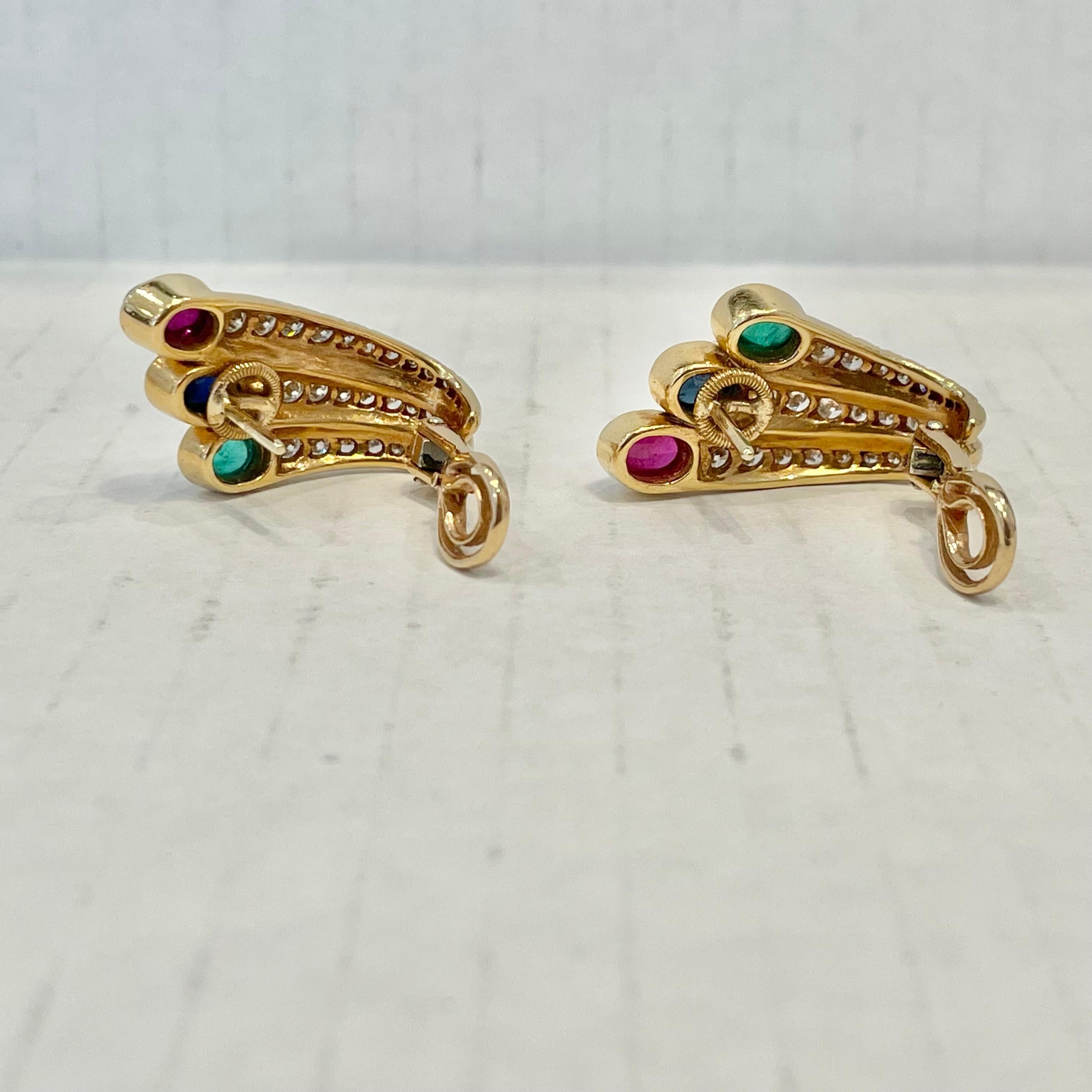 Ruby, Sapphire, Emerald & Diamond Earrings in 18 Karat Yellow Gold For Sale 4