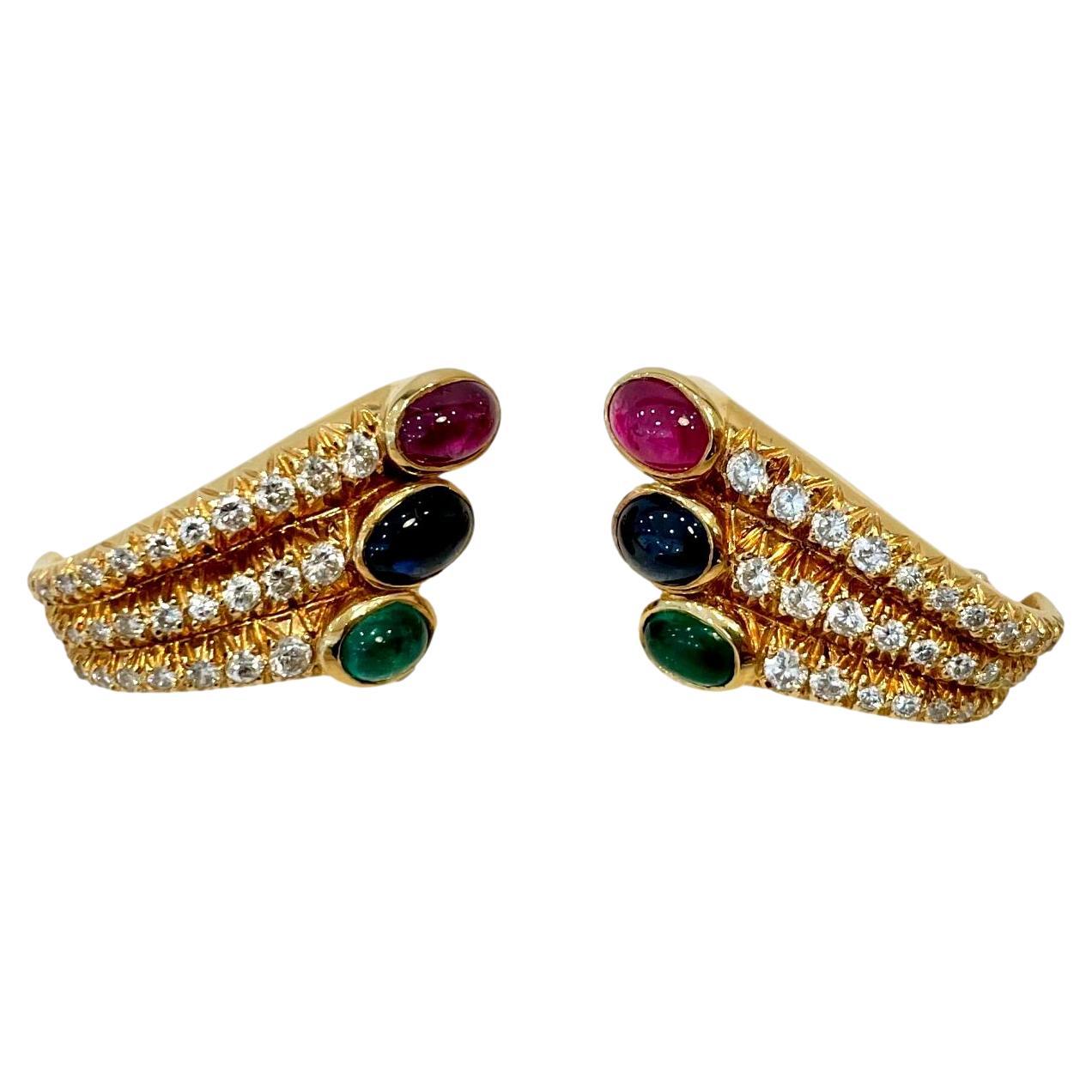 Ruby, Sapphire, Emerald & Diamond Earrings in 18 Karat Yellow Gold For Sale