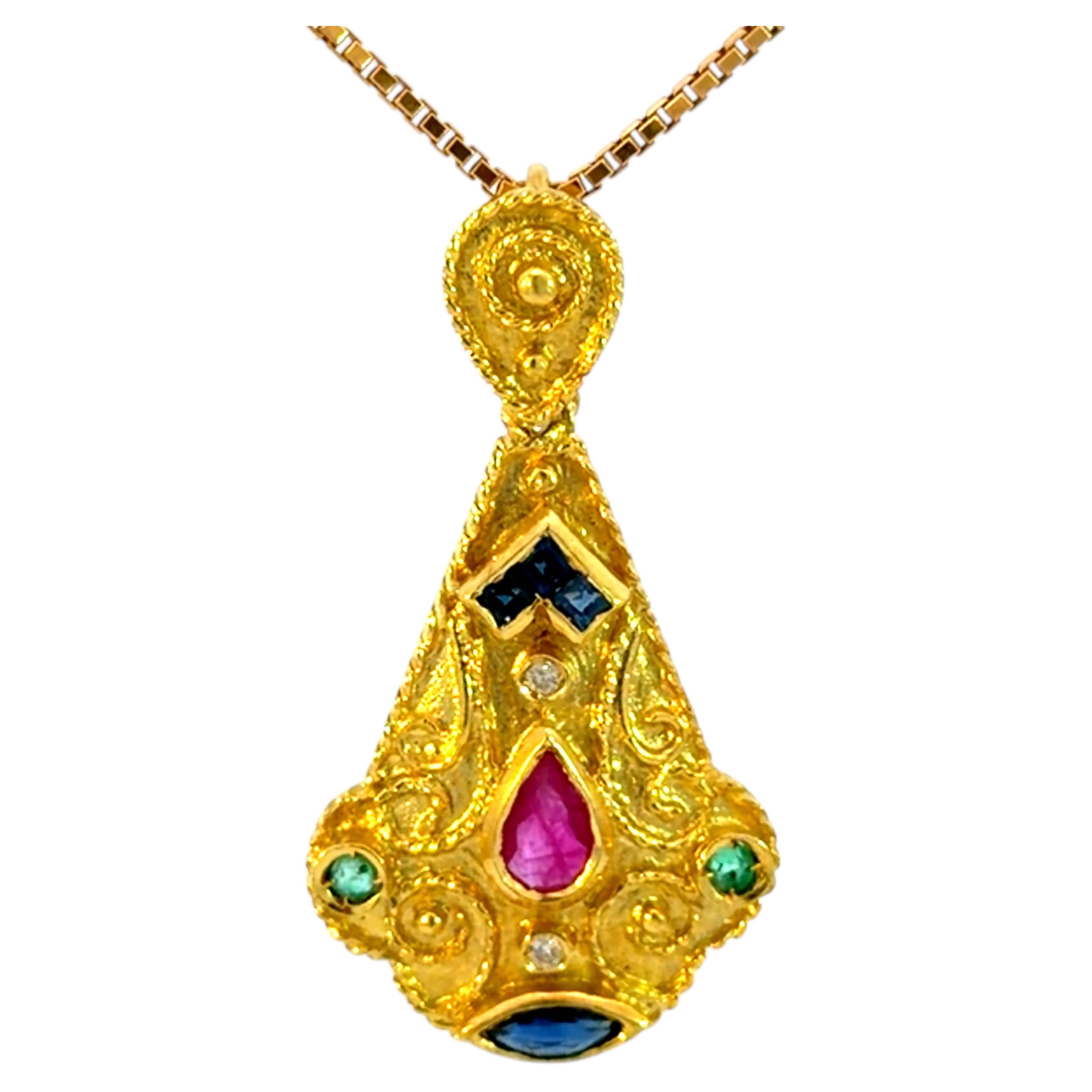 Ruby Sapphire Emerald Diamond Necklace 18K Yellow Gold
