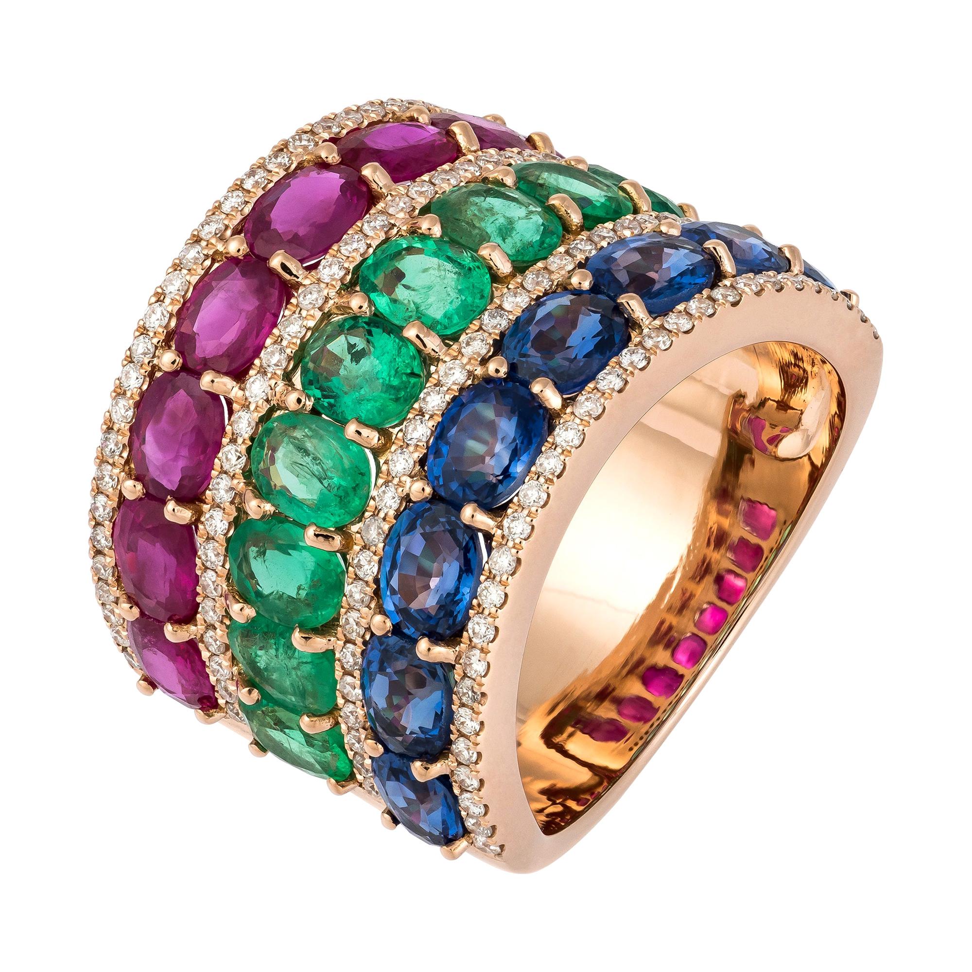 Ruby Sapphire Emerald Diamond Rose Gold 18k Three Stone Ring for Her For Sale