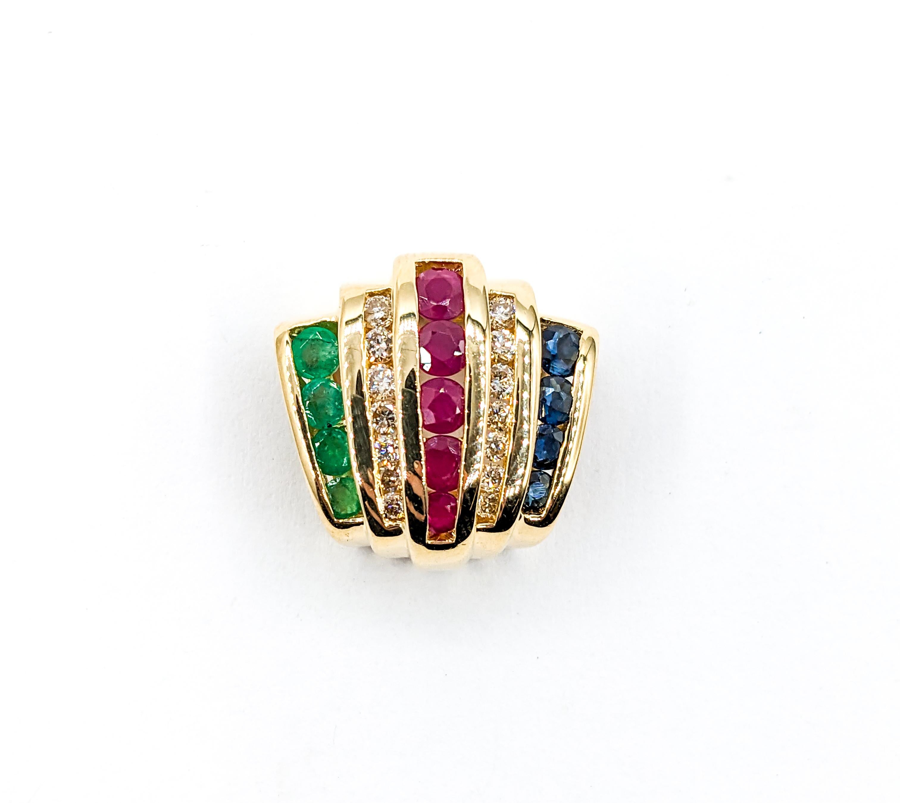 Round Cut Ruby, Sapphire, Emerald & Diamond Slide In Yellow Gold For Sale