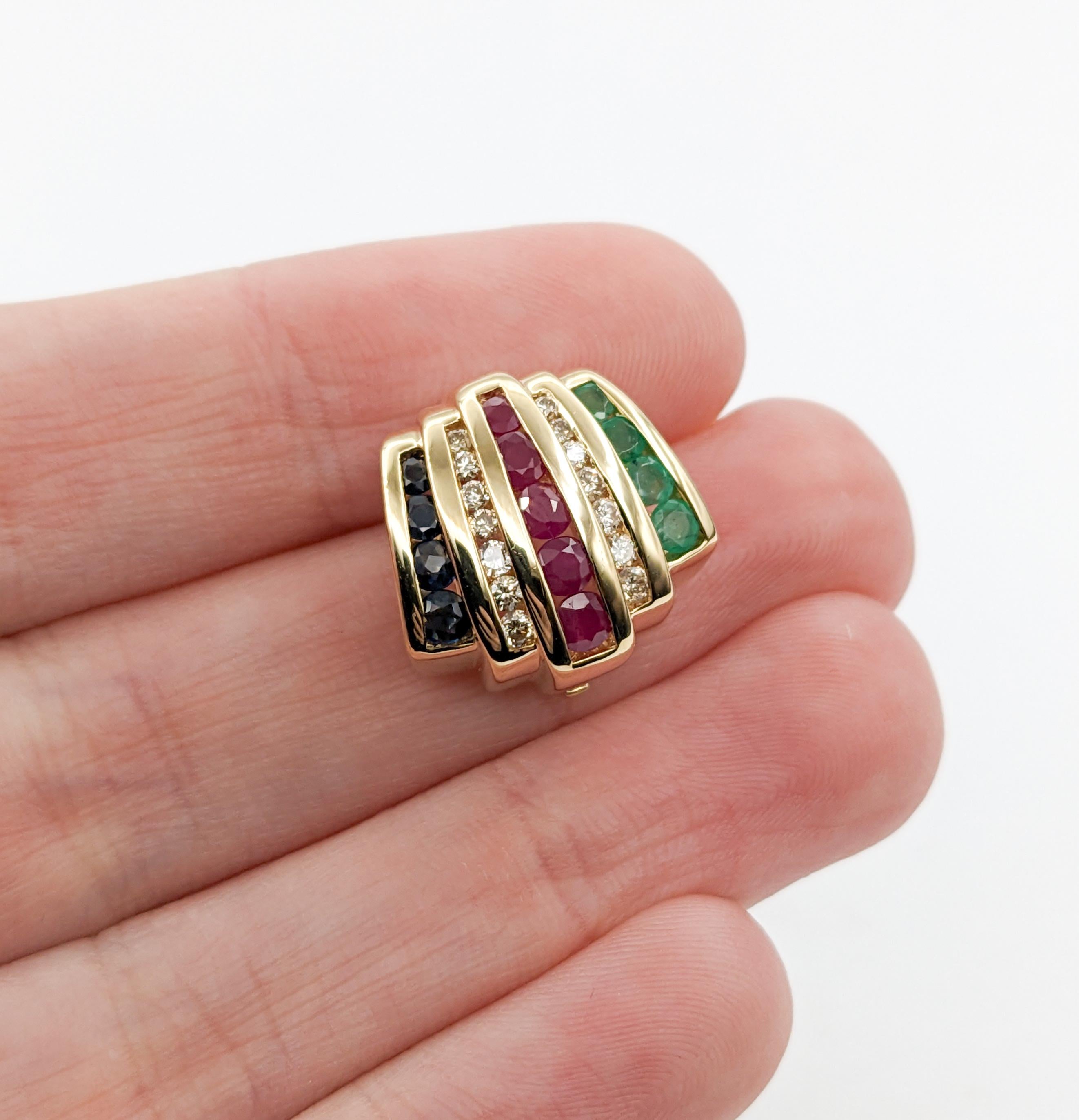 Ruby, Sapphire, Emerald & Diamond Slide In Yellow Gold In Excellent Condition For Sale In Bloomington, MN