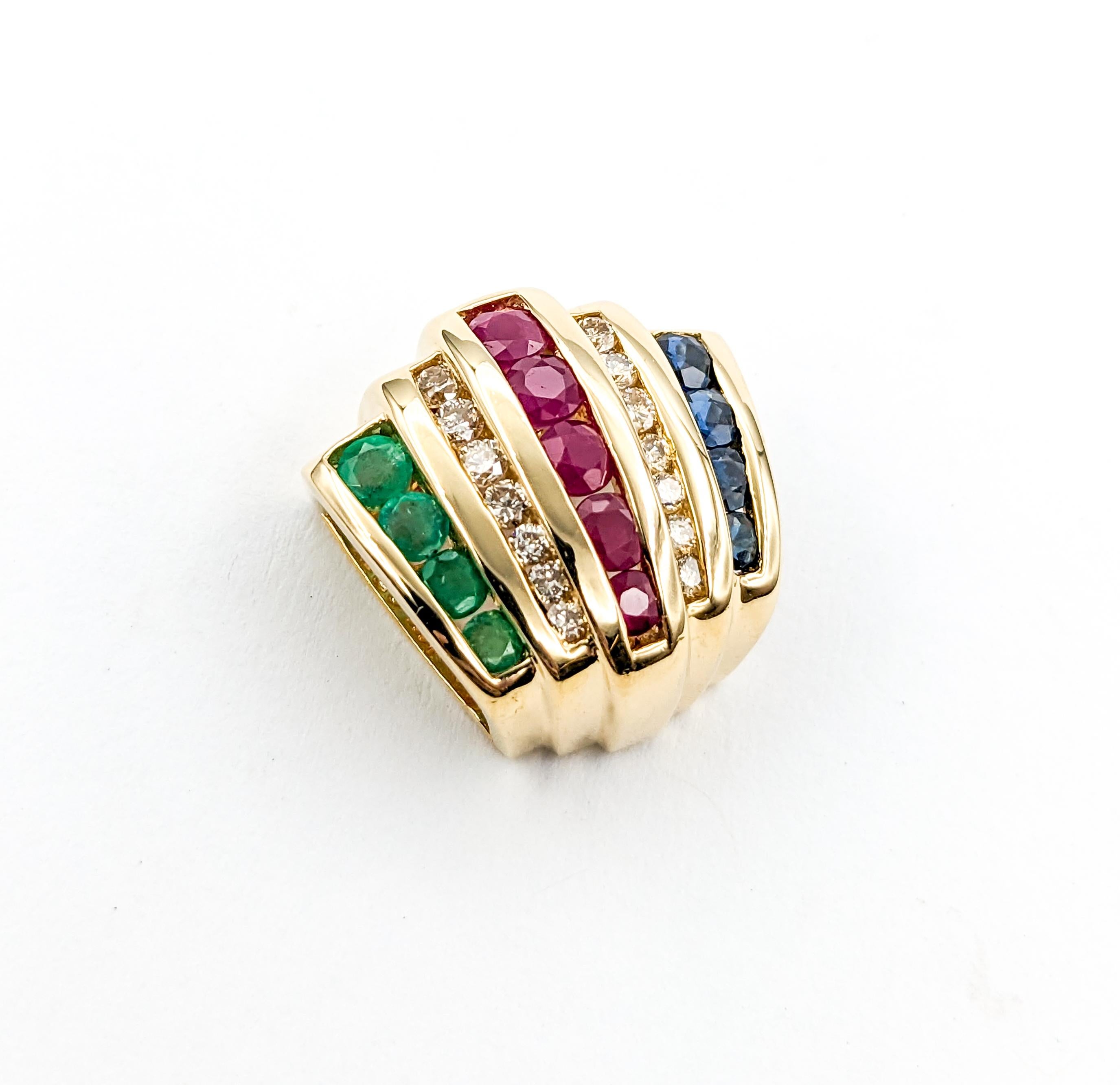 Ruby, Sapphire, Emerald & Diamond Slide In Yellow Gold For Sale 1