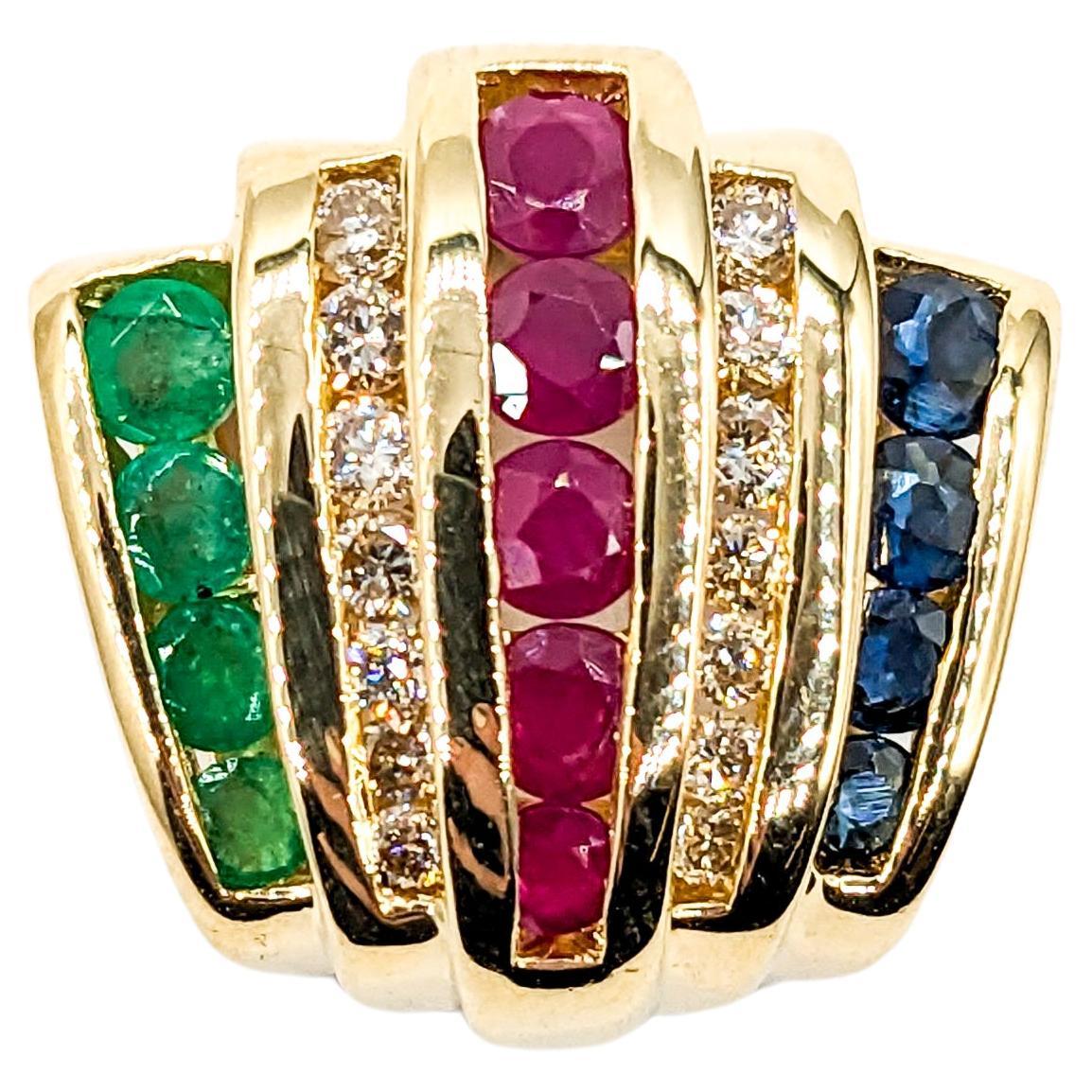 Ruby, Sapphire, Emerald & Diamond Slide In Yellow Gold For Sale