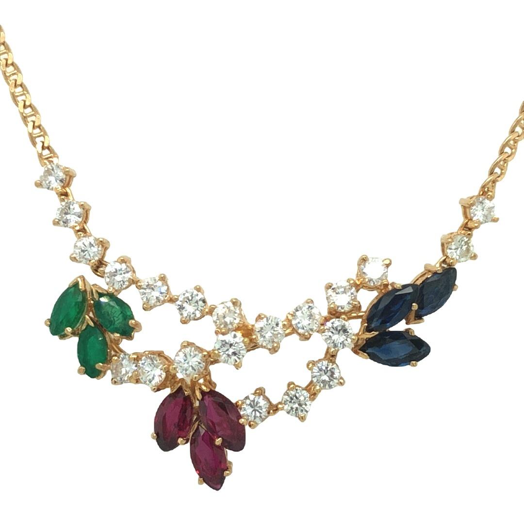 Marquise Cut Ruby Sapphire Emerald Diamond Vine Pendant Necklace 18k Yellow Gold For Sale