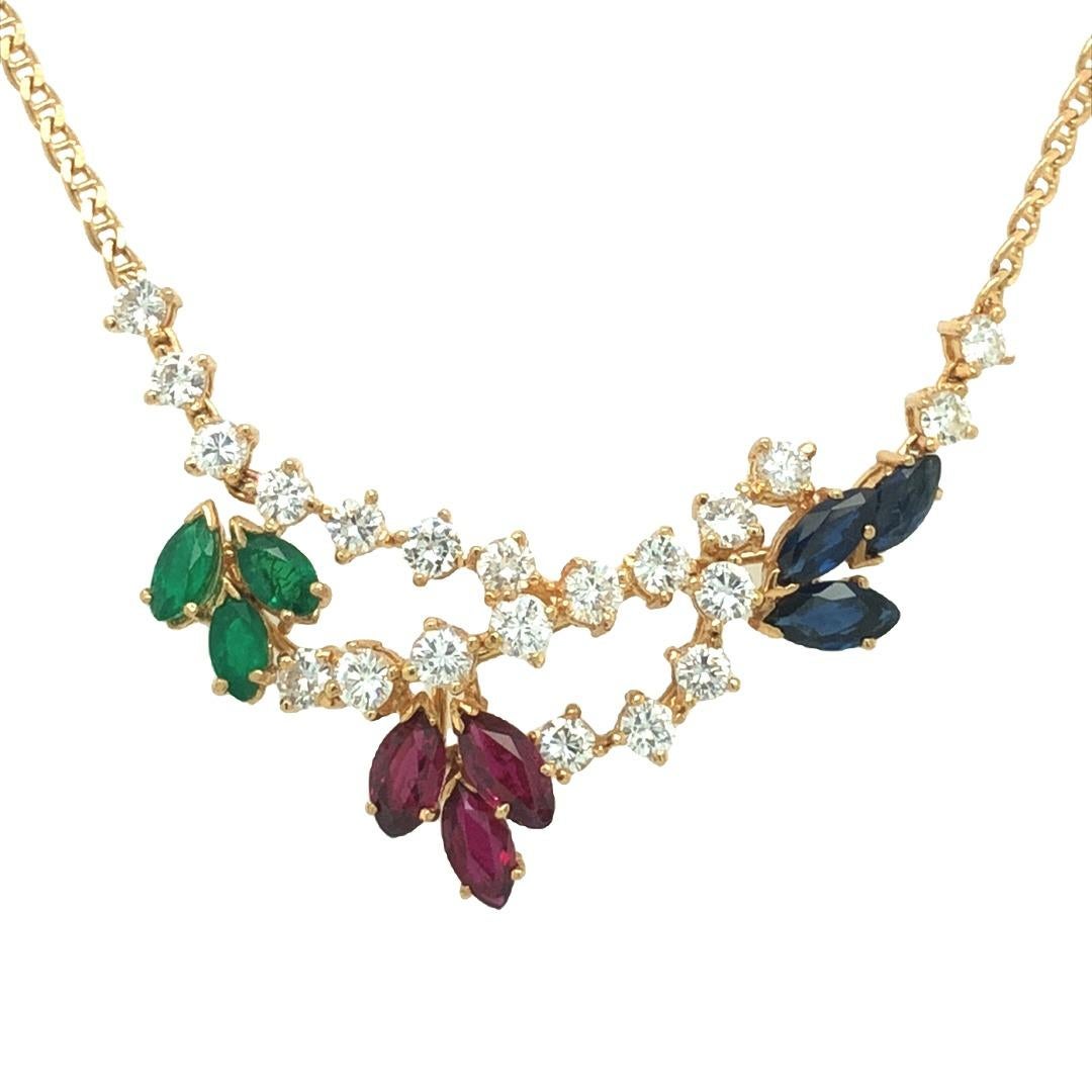 Ruby Sapphire Emerald Diamond Vine Pendant Necklace 18k Yellow Gold In Excellent Condition For Sale In beverly hills, CA