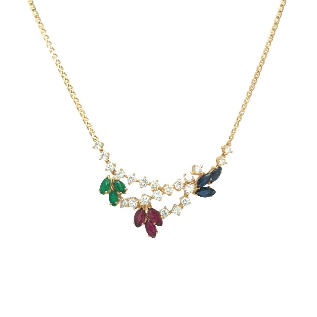 Women's Ruby Sapphire Emerald Diamond Vine Pendant Necklace 18k Yellow Gold For Sale