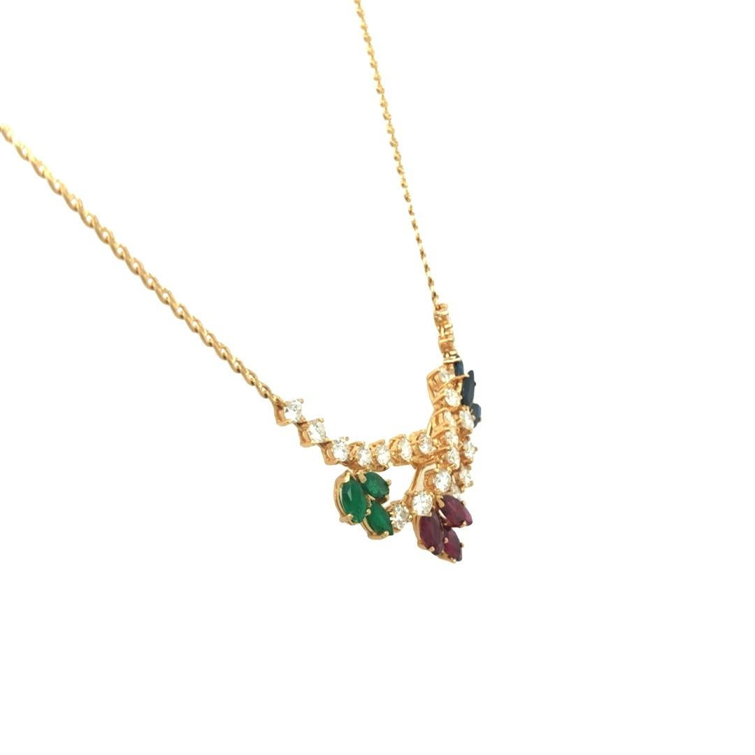Ruby Sapphire Emerald Diamond Vine Pendant Necklace 18k Yellow Gold For Sale 1