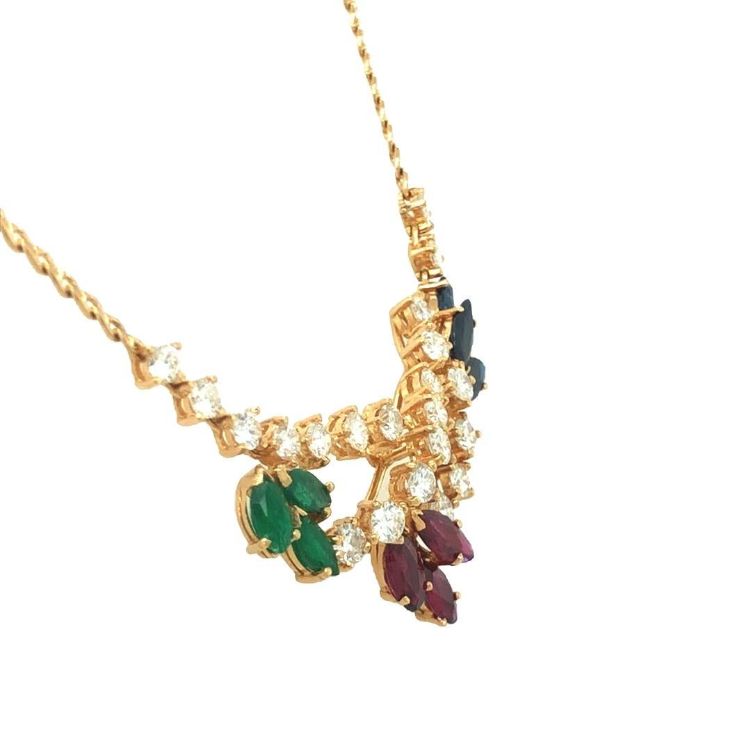 Ruby Sapphire Emerald Diamond Vine Pendant Necklace 18k Yellow Gold For Sale 3