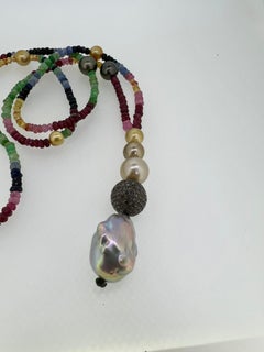 Ruby, Sapphire, Emerald & Pearl Statement Necklace with Diamond-Accented Pendant