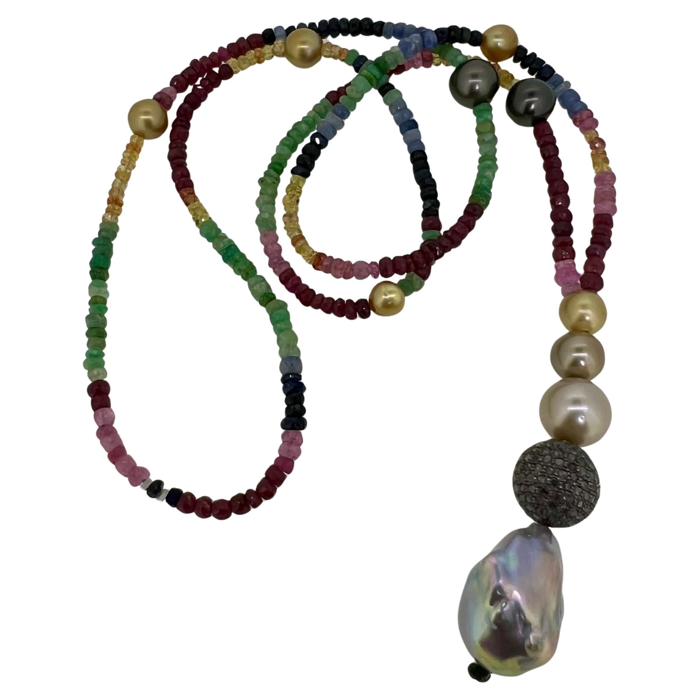 Ruby, Sapphire, Emerald & Pearl Statement Necklace with Diamond-Accented Pendant