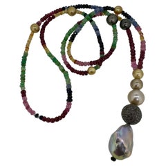 Ruby, Sapphire, Emerald & Pearl Statement Necklace with Diamond-Accented Pendant