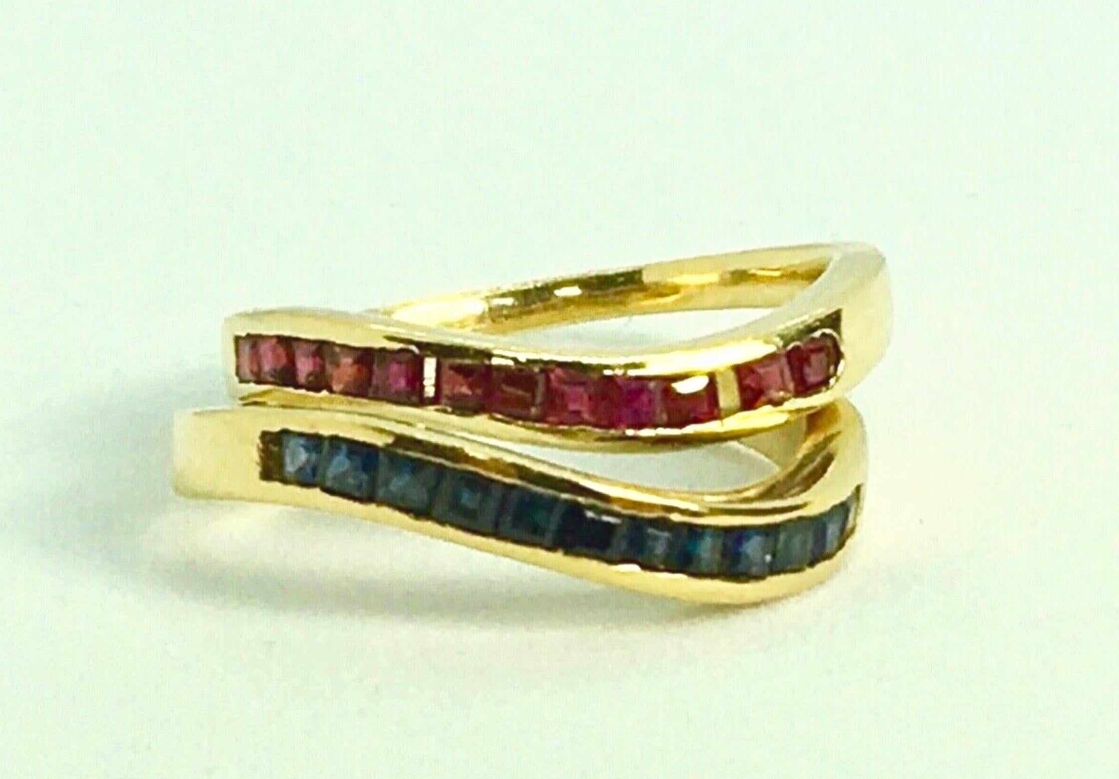 Half Way  Ruby & Sapphire Eternity Band  Ring
Mounting Is Custom Made Solid Yellow Gold 18K
Each Band Ring 0.50 Carats of Natural Gemstone (Sapphire /  Ruby)
Set Weight   5.1g
Ring Size 6
Excellent / Estate-Condition