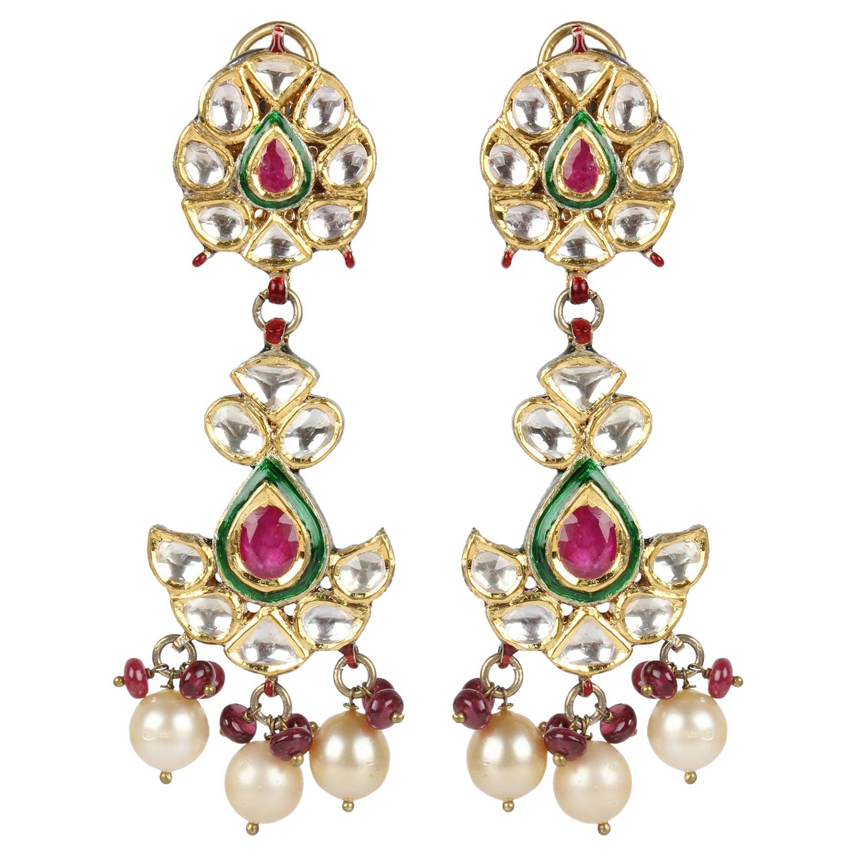 Ruby Sapphire Gemstone Chandelier Earrings 18 Karat Gold Silver Handmade Jewelry For Sale at 1stDibs